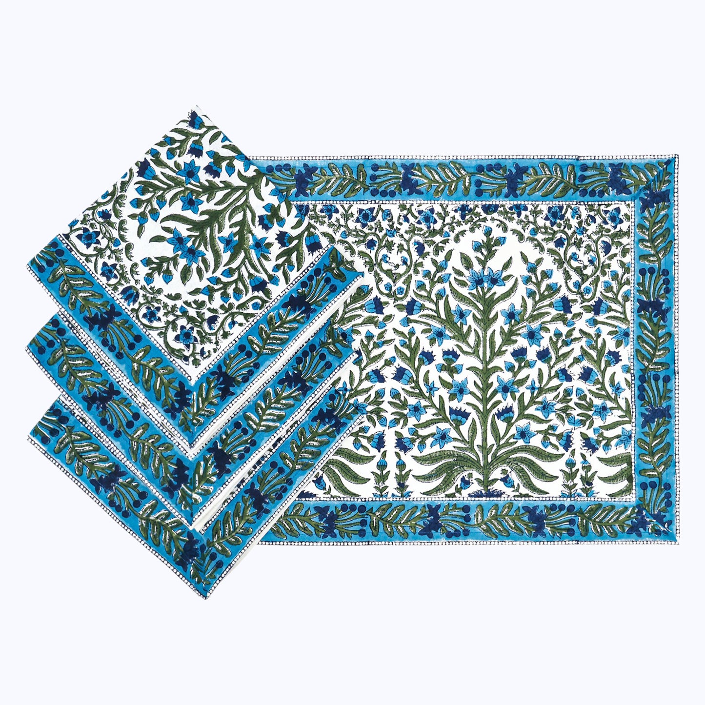 Blue and Green Hand Block Printed 4 Pieces Cotton Napkins - My Store