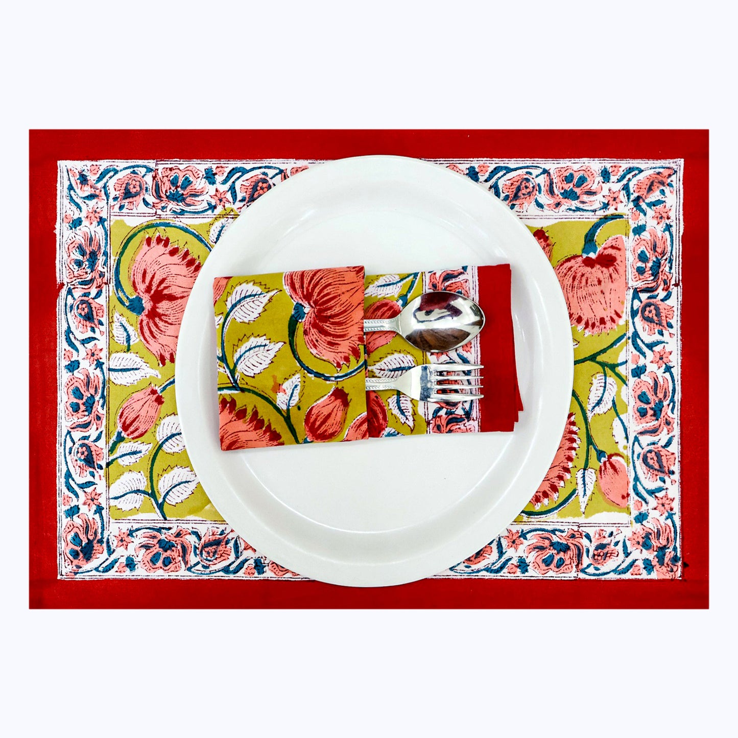 Red and Yellow Hand Block Printed Cotton Napkins 4 Pieces - My Store