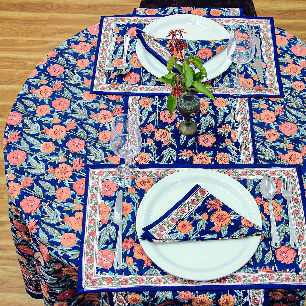 Blue and Red Floral Block Print Tablecloth, Handmade Table Cover - My Store