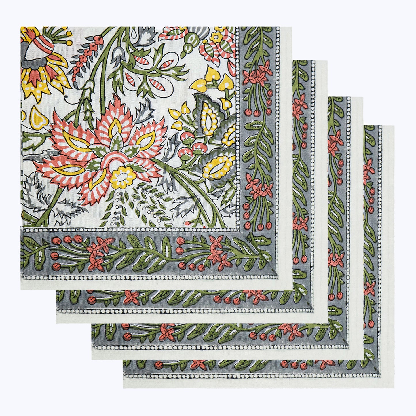 Green and White Hand Block Printed Cotton Napkins Set Of 4 - My Store