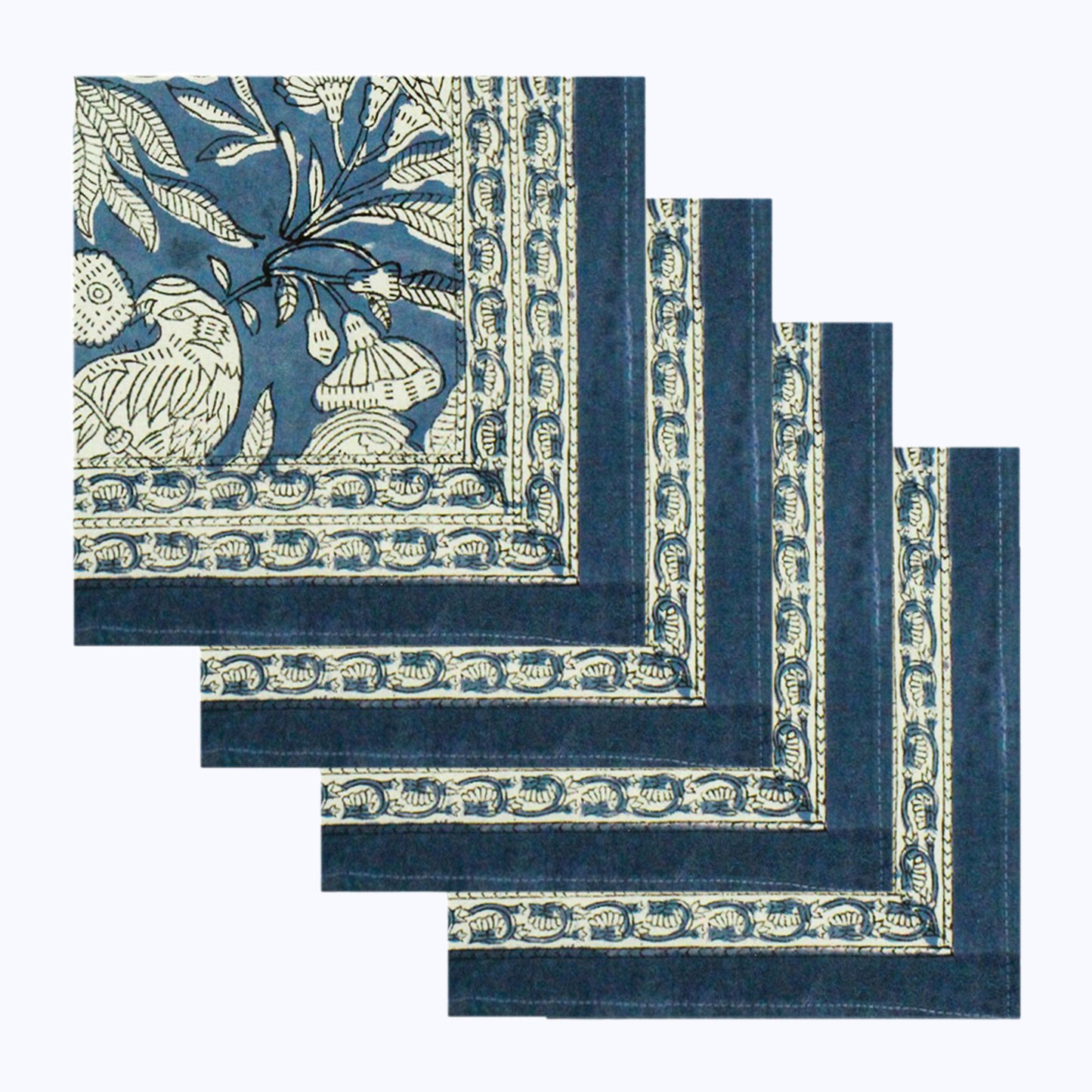 Floral Blue and White Block Printed Set Of 4 Napkins - My Store