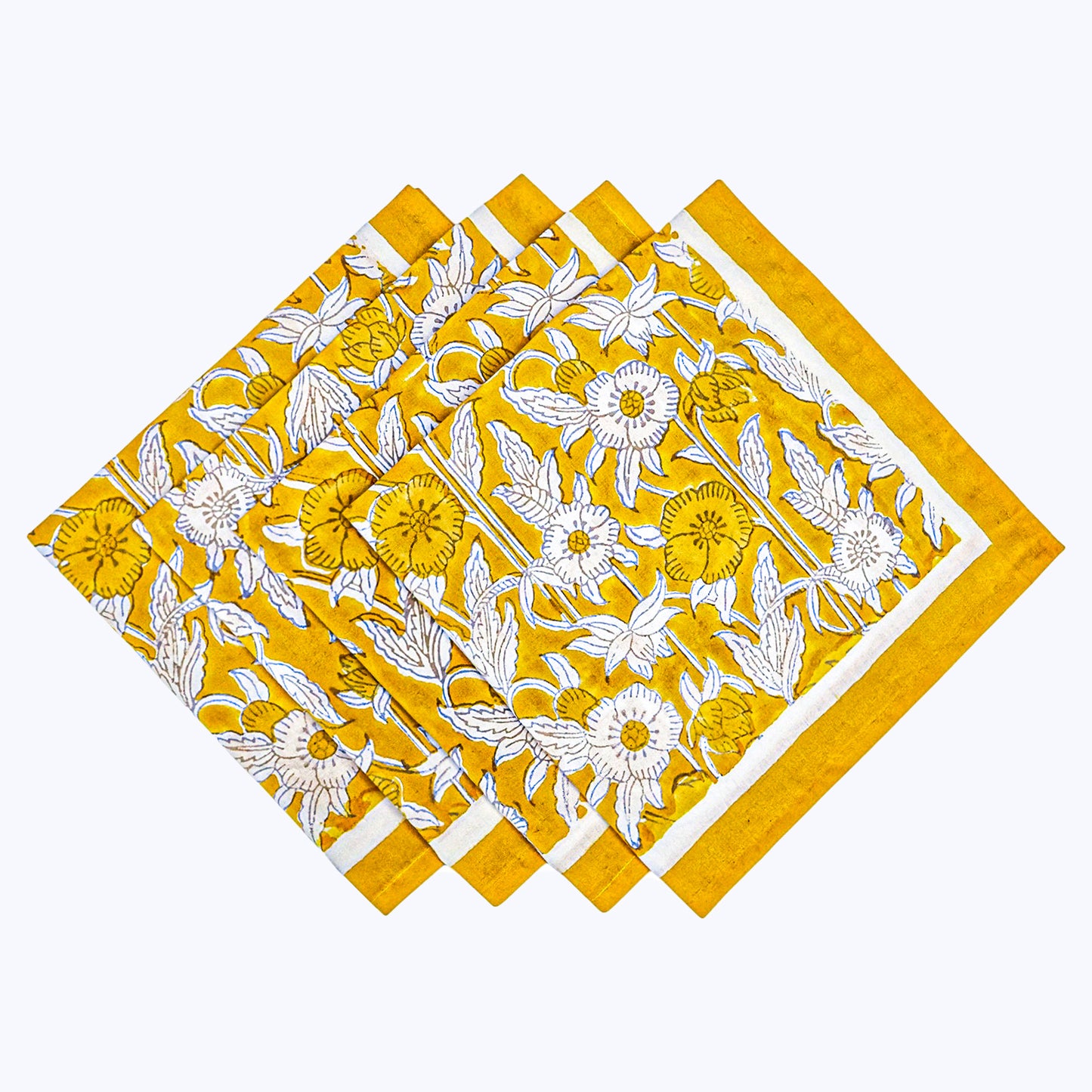 Yellow and White Hand Block Printed Napkins Set Of 4 - My Store