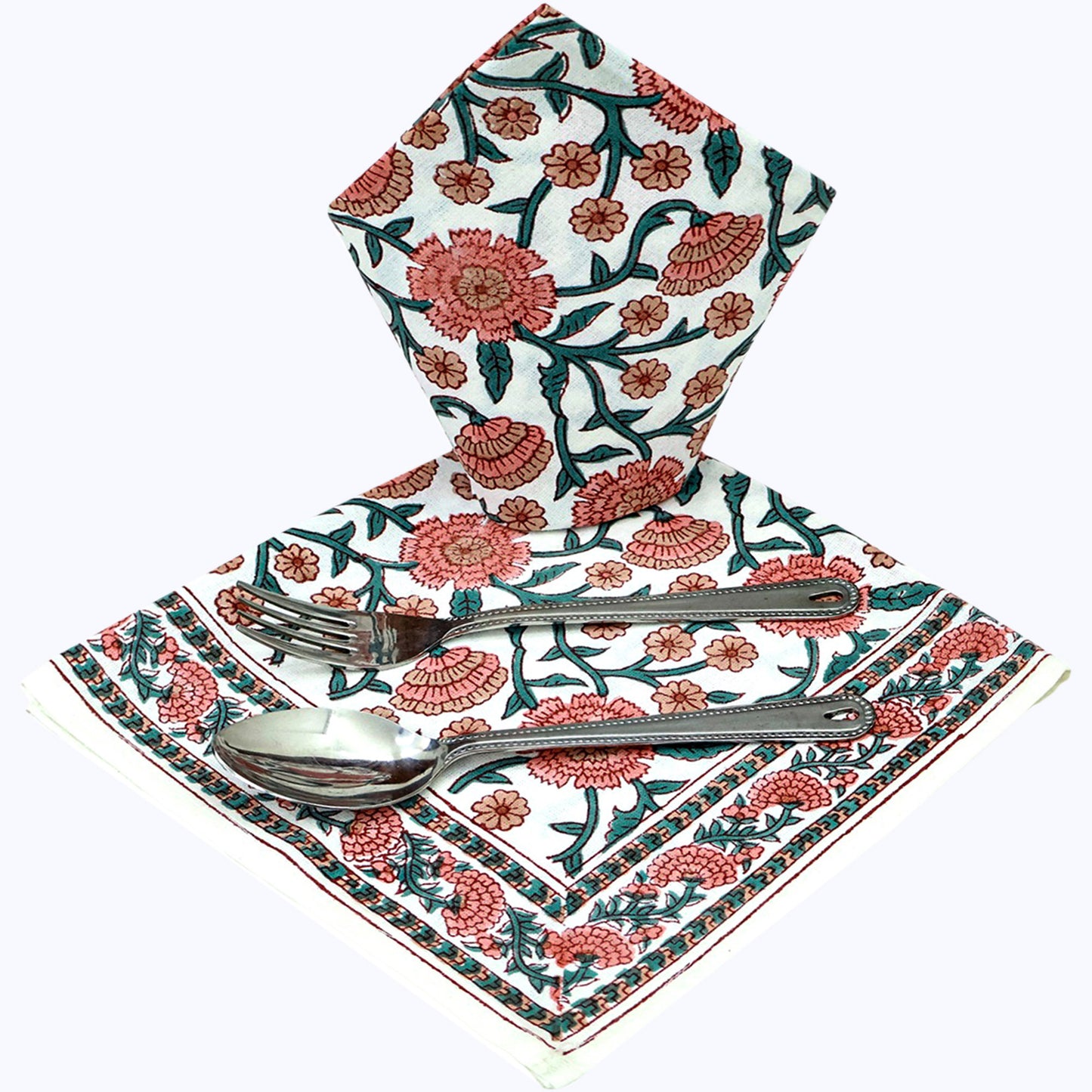 Pink and Green Handmade Block Printed Cotton Napkins Set Of 4 - My Store