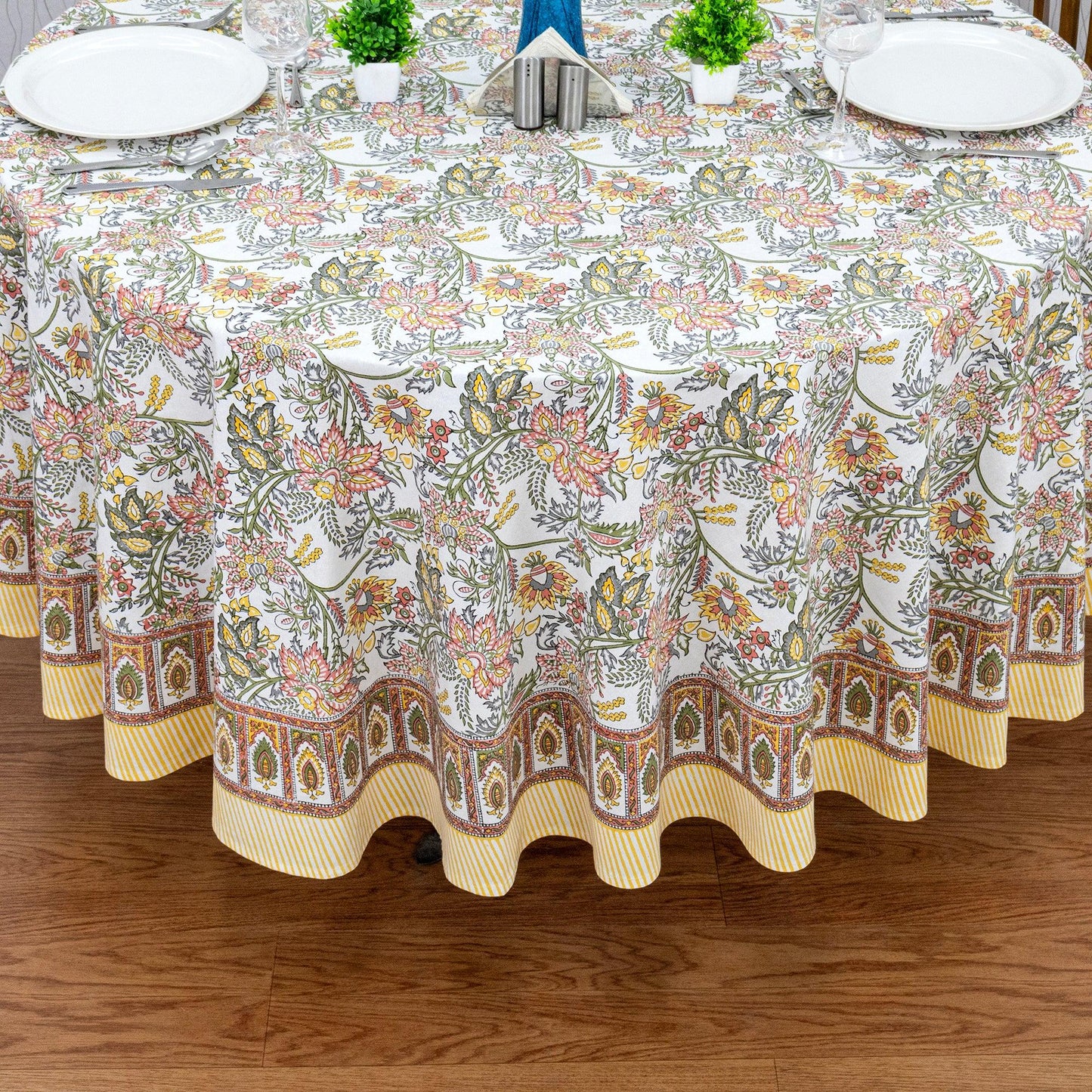 Teal Blue and White Floral Table Cloth, Block Printed Table Cover, Round Table Cloth - My Store