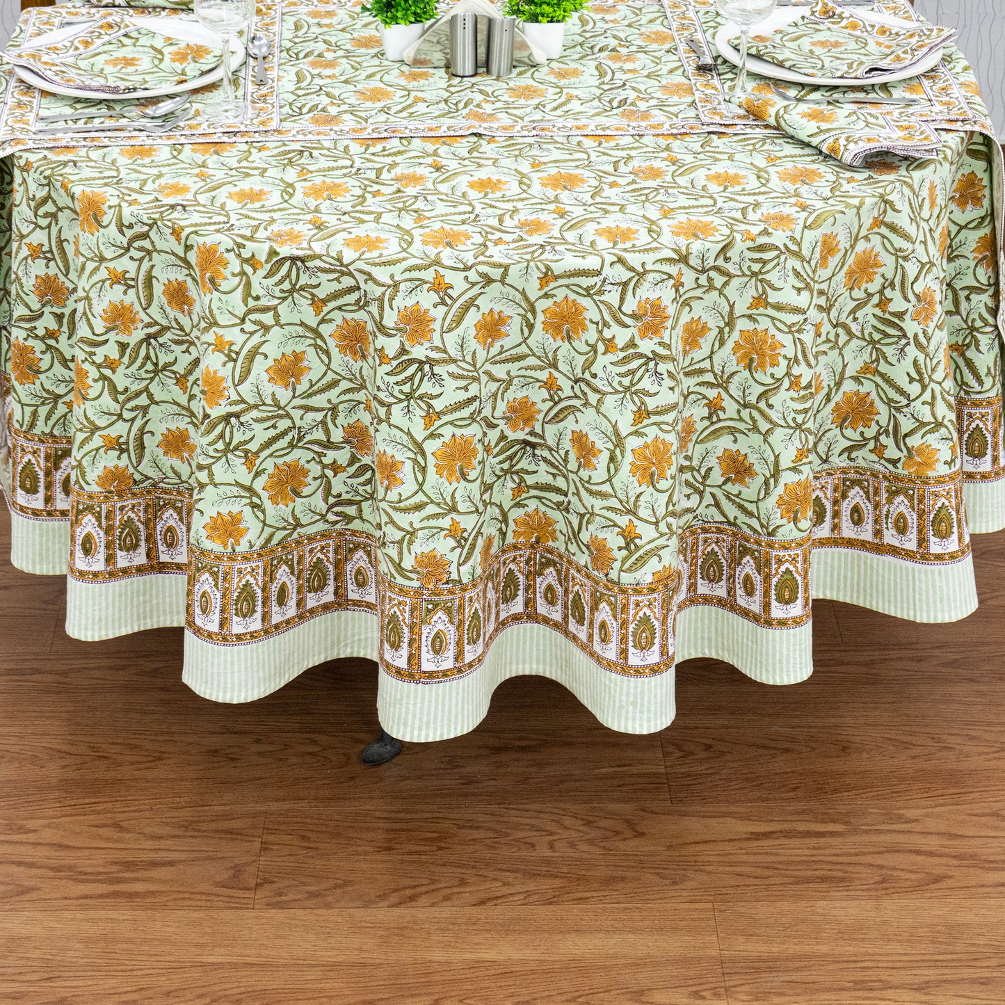 Green and Orange Hand Block Printed Cotton Tablecloth - My Store