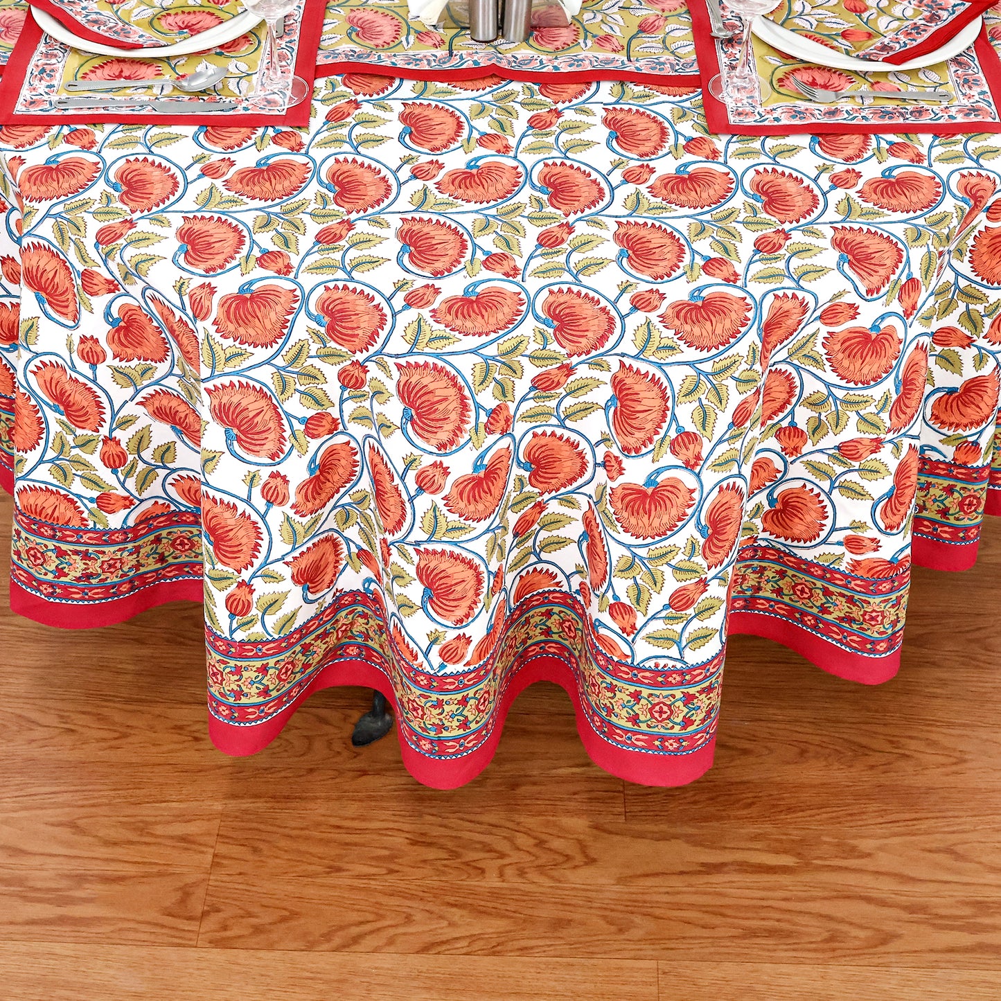 Floral Handmade Block Printed Cotton Round Tablecloth - My Store
