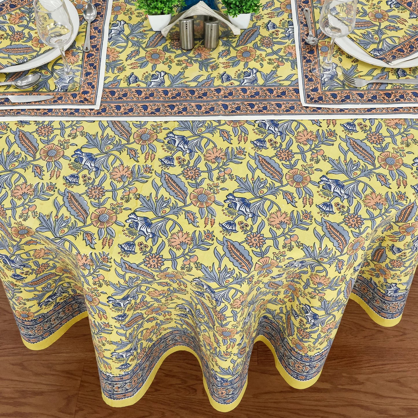 Blue & Yellow Cotton Hand Block Printed Round Tablecloth - My Store