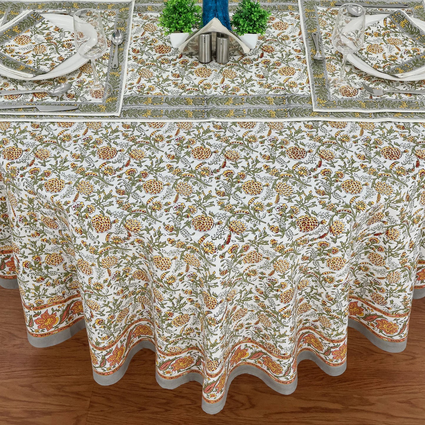 Grey and White Floral Block Printed Table Cloth For Valentine Decor - My Store