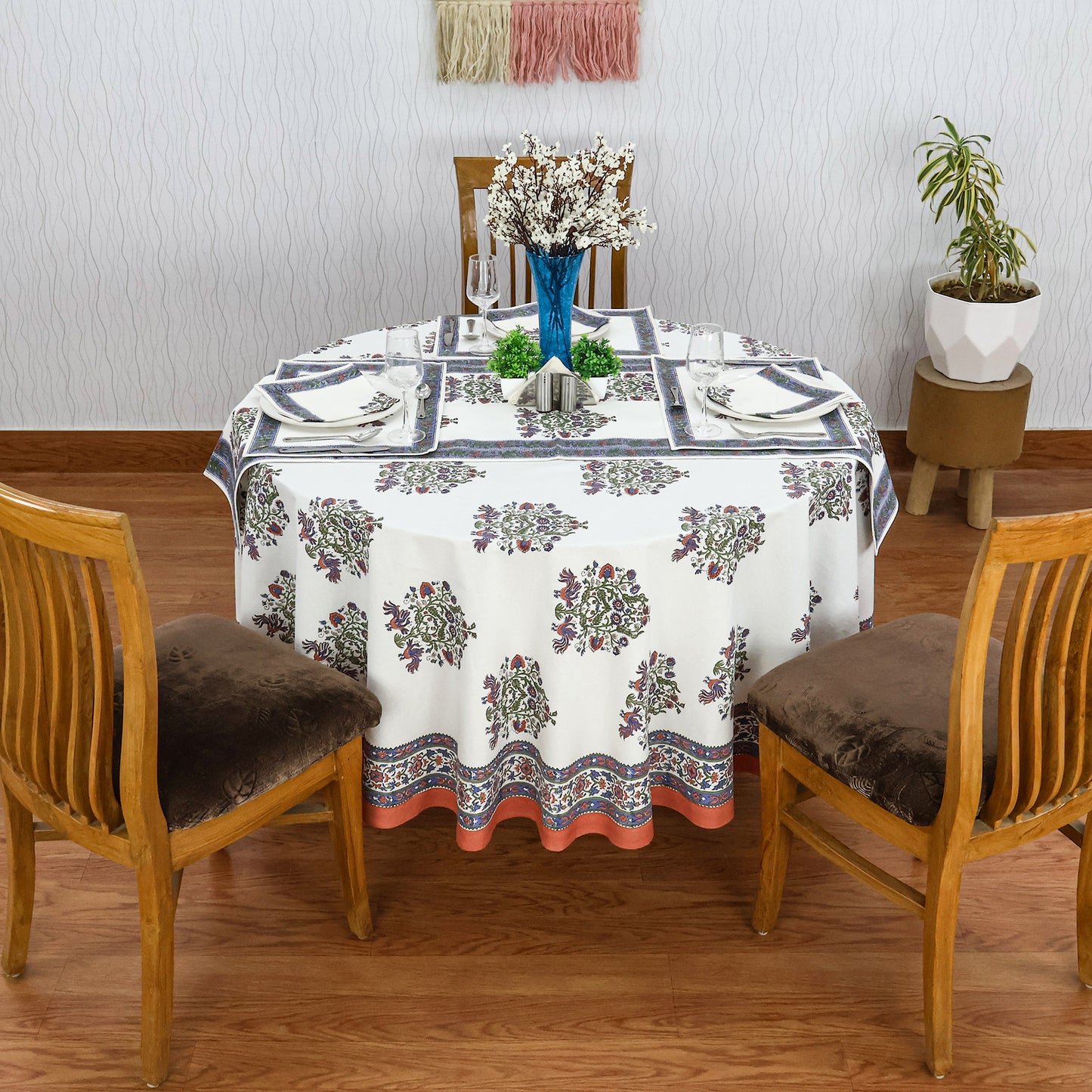 White and Blue Handmade Block Printed Cotton Tablecloth - My Store
