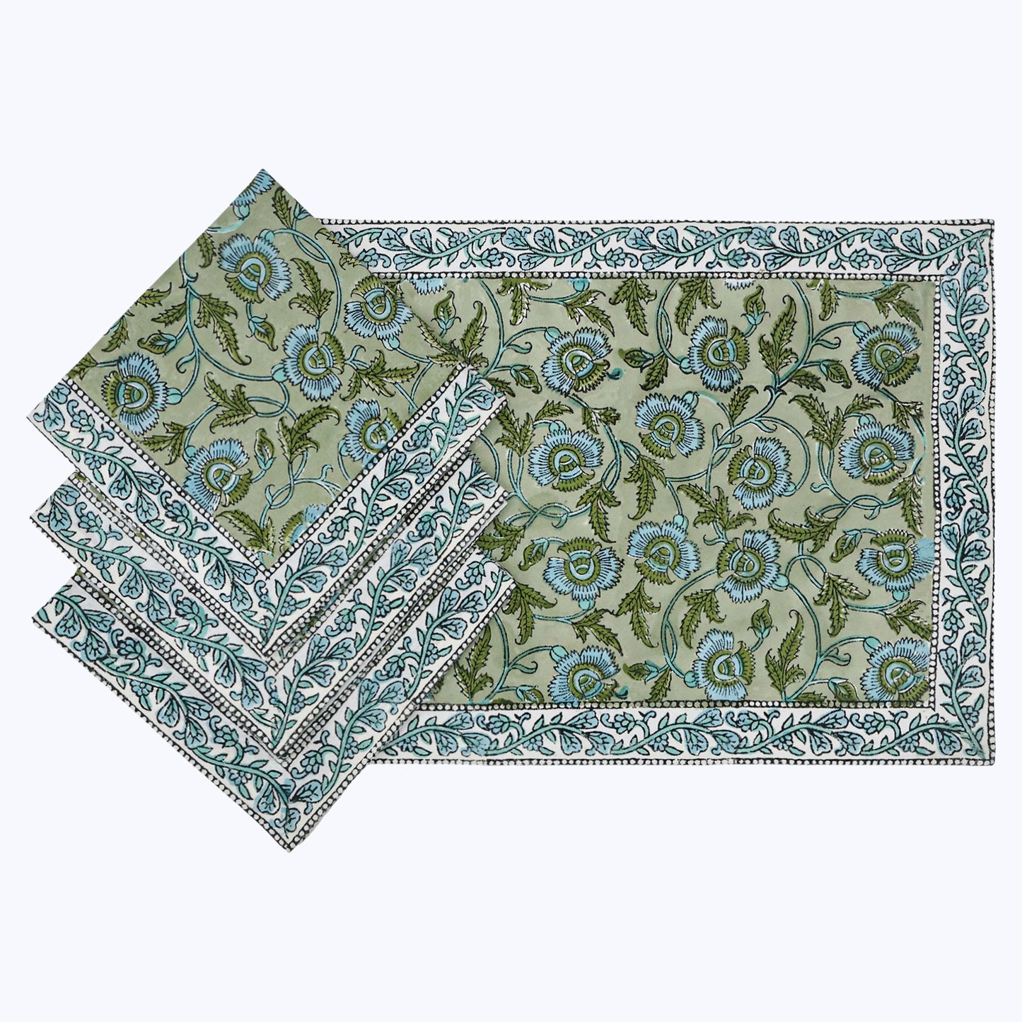 Green With Blue Handmade Block Printed Cotton Napkins Set Of 4 - My Store