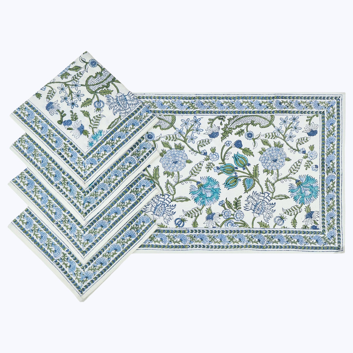 Blue and White Cotton Block Print Set Of 4 Napkins - My Store