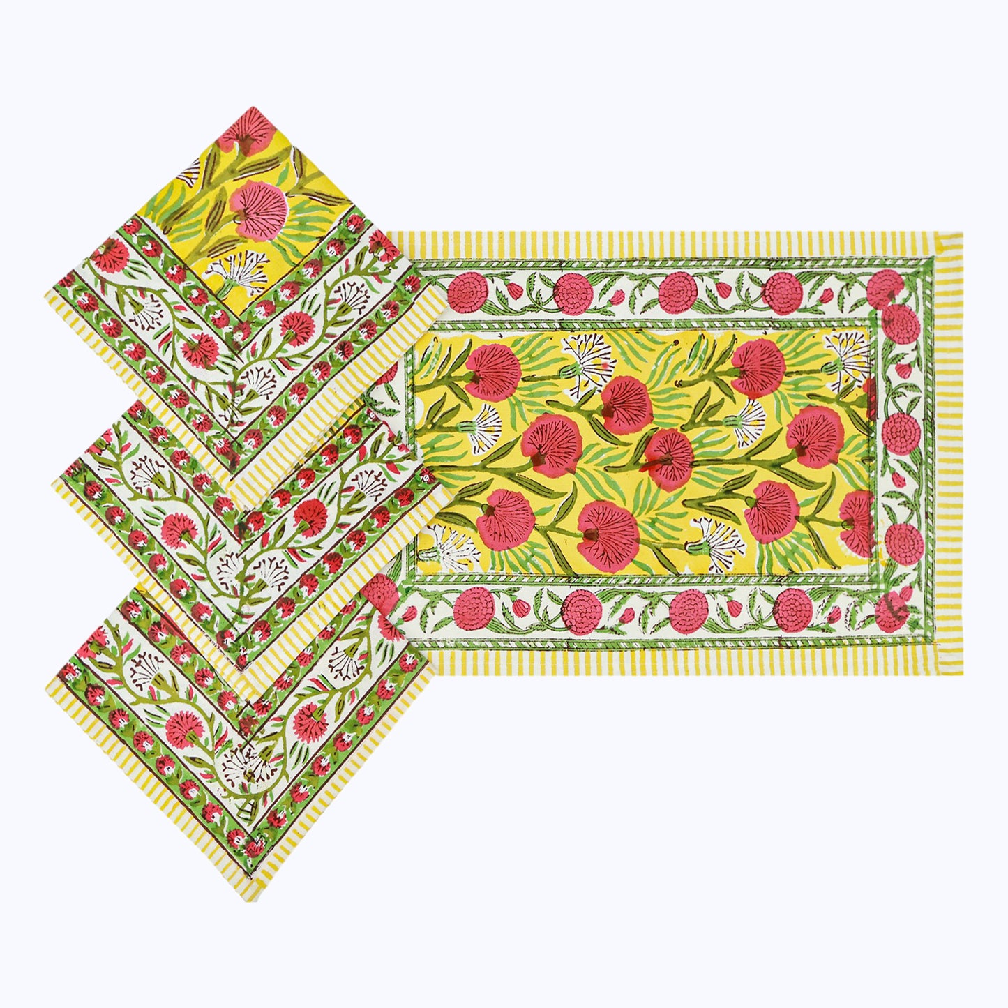 Yellow & Red Hand Block Printed Cotton Napkins Set Of 4 - My Store