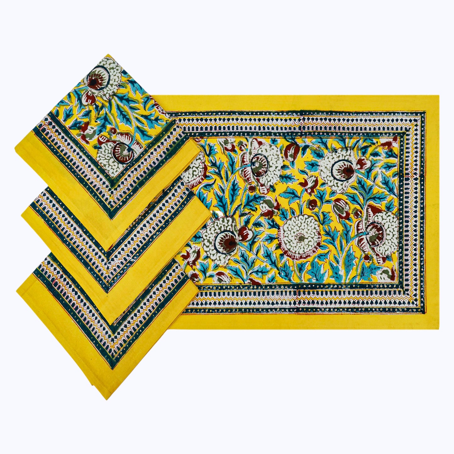 Yellow and Blue Handmade Block Printed Cotton Napkins 4 Pieces Set - My Store