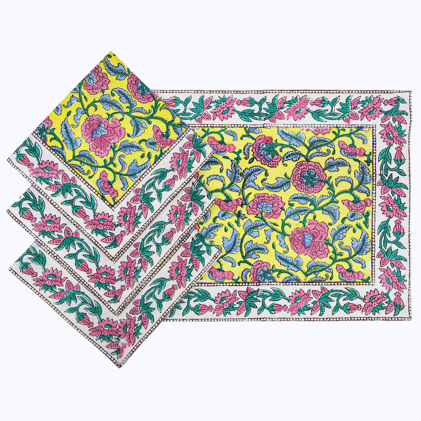 Yellow and Pink Hand Block Printed Cotton Napkins Set Of 4 - My Store