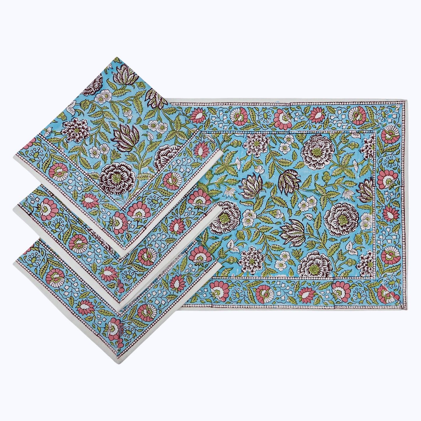 Green With Red Handmade Block Printed Cotton Napkins Set Of 4 - My Store