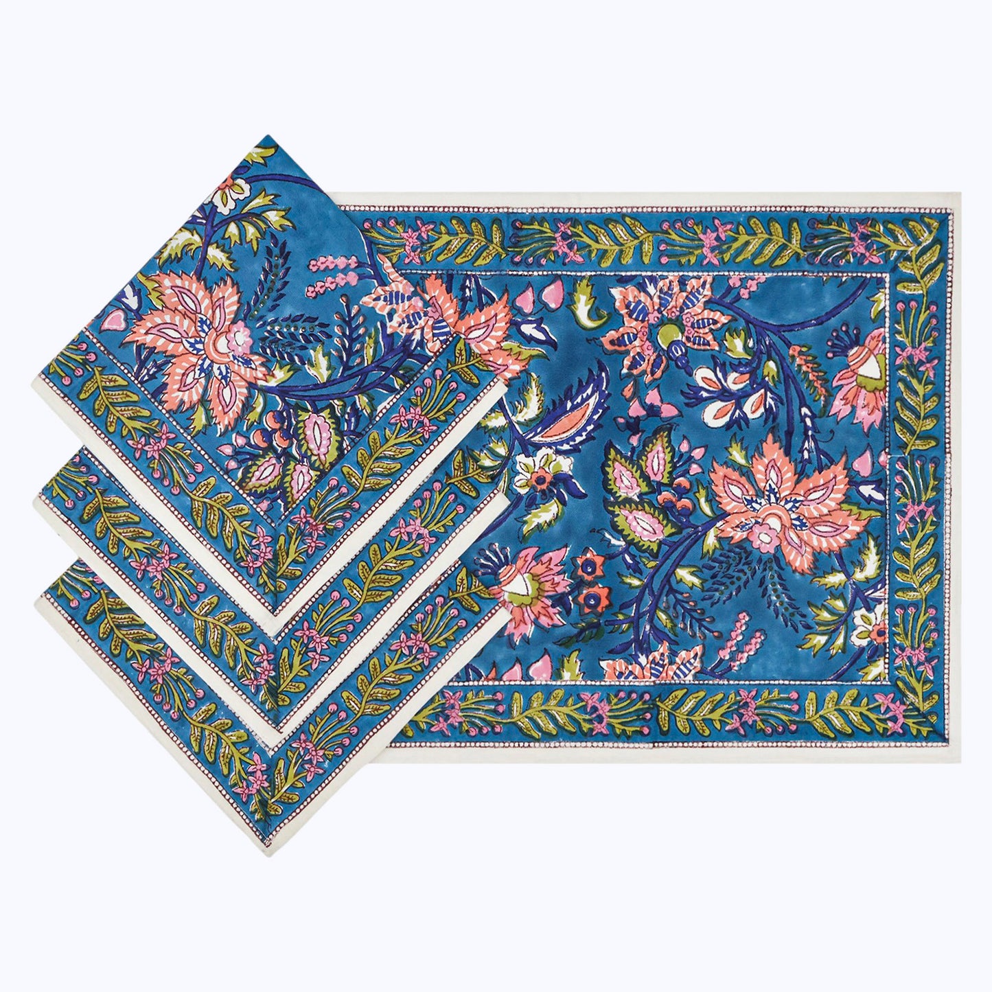 Blue and Pink Handmade Block Printed Cotton Napkins Set Of 4 - My Store