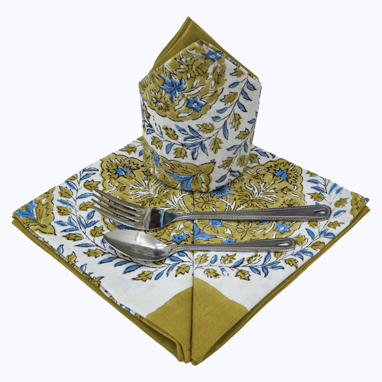 Green Handmade Block Printed Cotton Napkins Set Of 4 - My Store