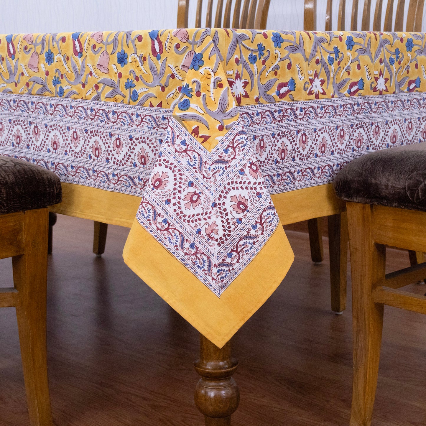 Indian Block Printed - Handmade Cotton Tablecloth - Old Gold With Floral Table Cover - My Store