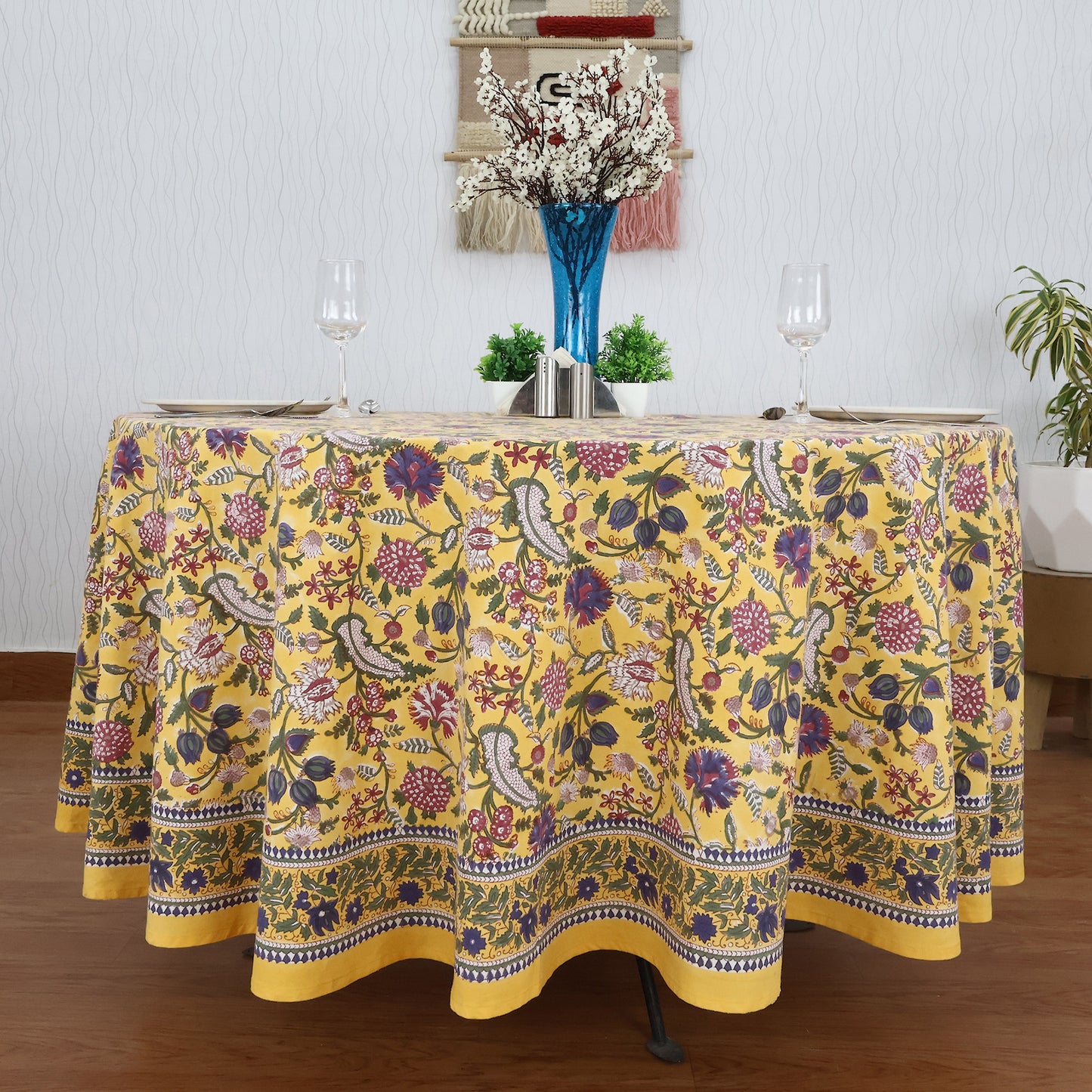 Floral Hand Block Printed Round Cotton Tablecloth - My Store