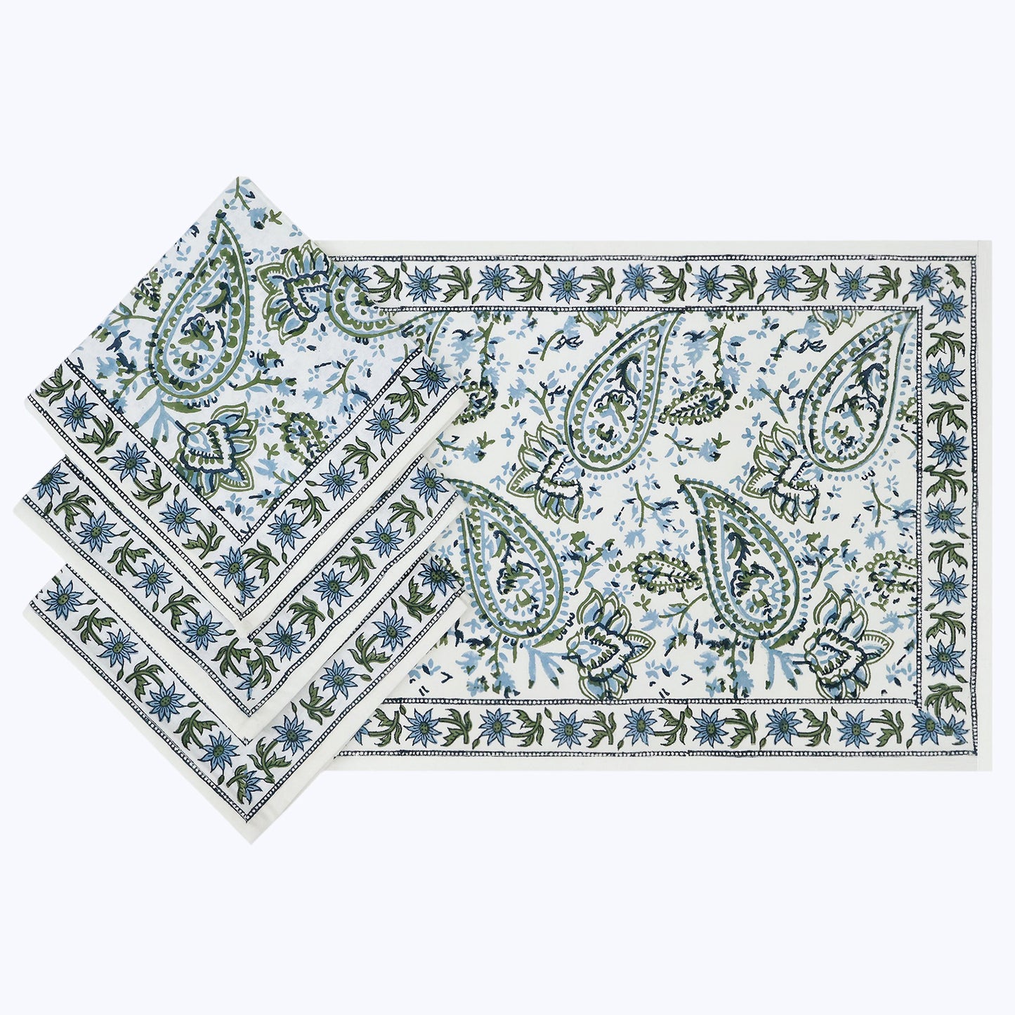 Green and White Hand Block Printed Cotton Napkins Set Of 4 - My Store