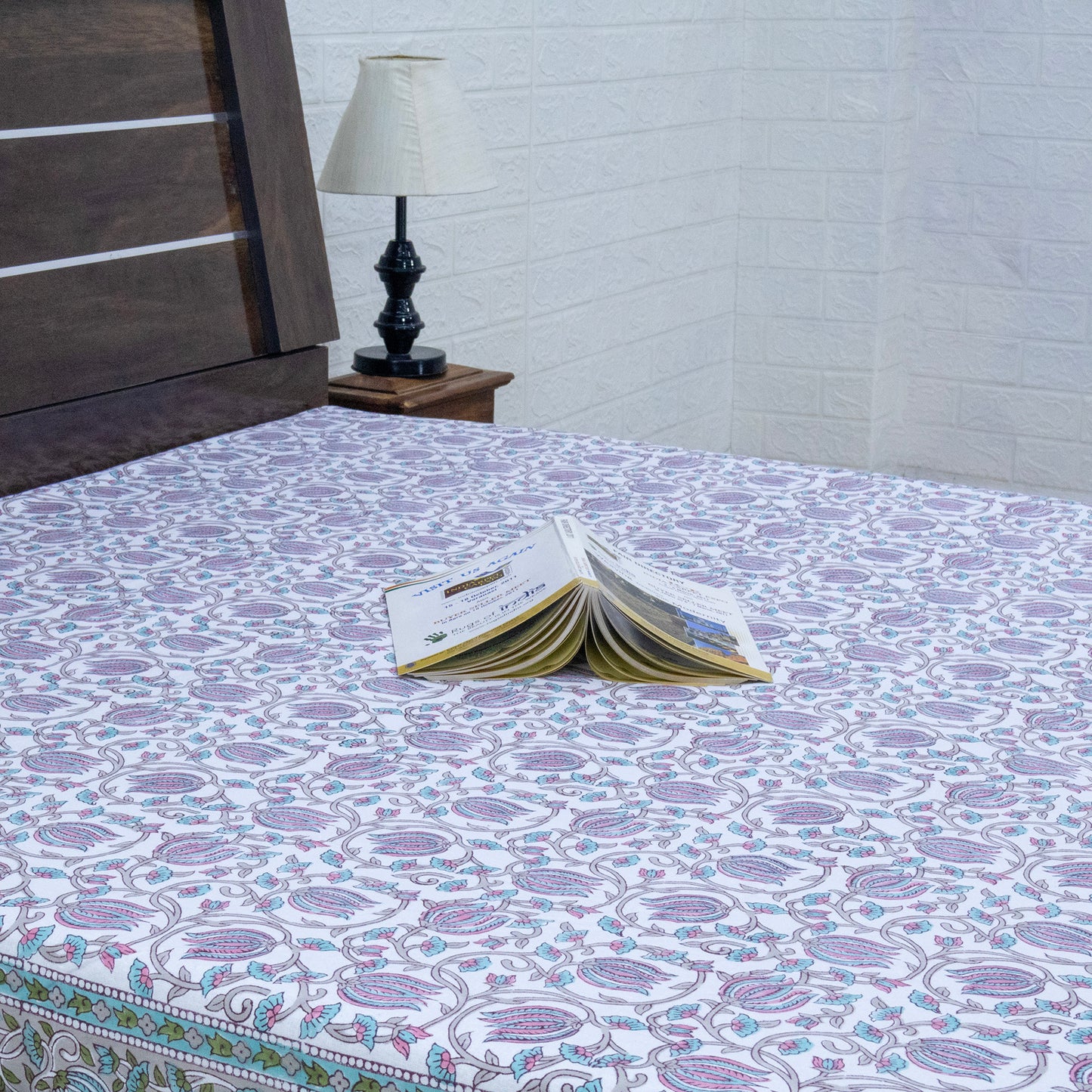 Indian Handmade Block Printed Pink and Green Floral Pattern Cotton Bed sheet For living Room, Kids Room - My Store