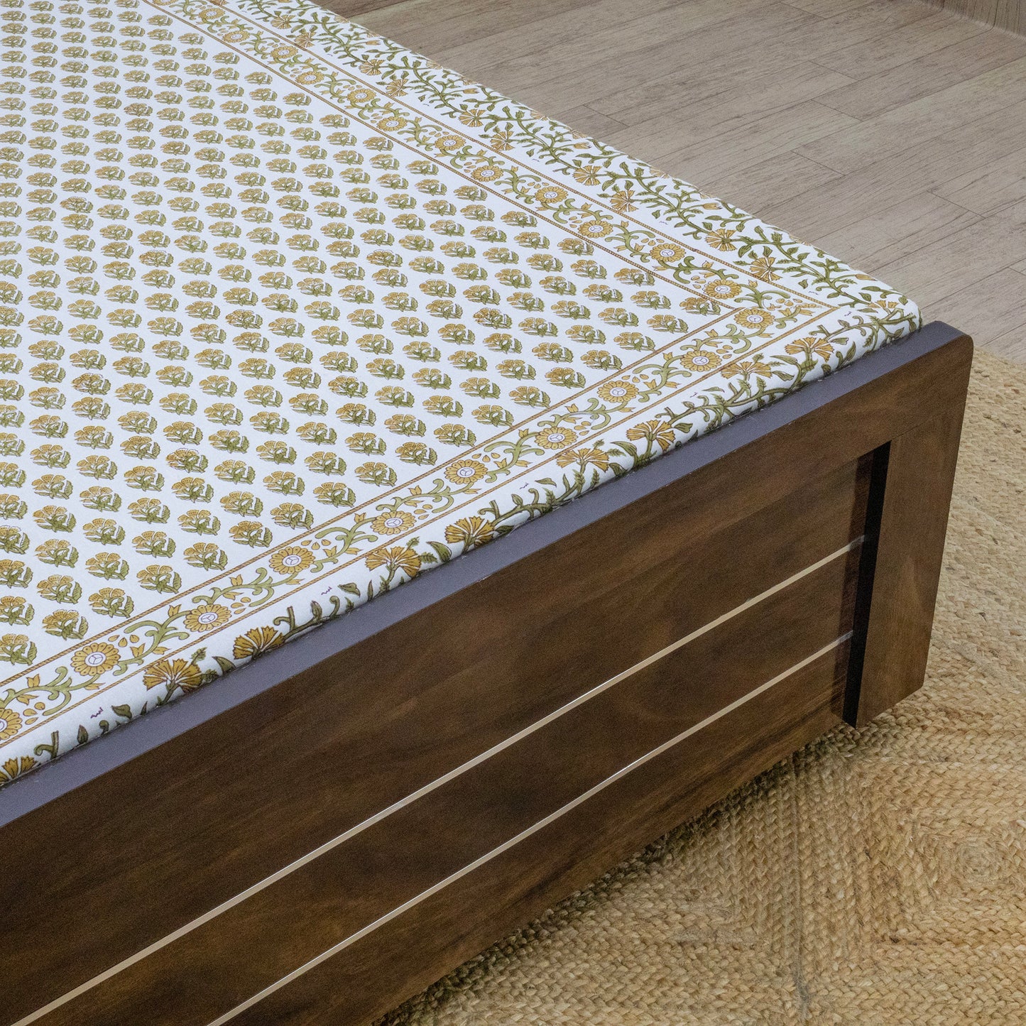 Indian Handmade Block Printed Yellow and Green Floral Pattern Cotton Bed sheet For living Room, Kids Room - My Store