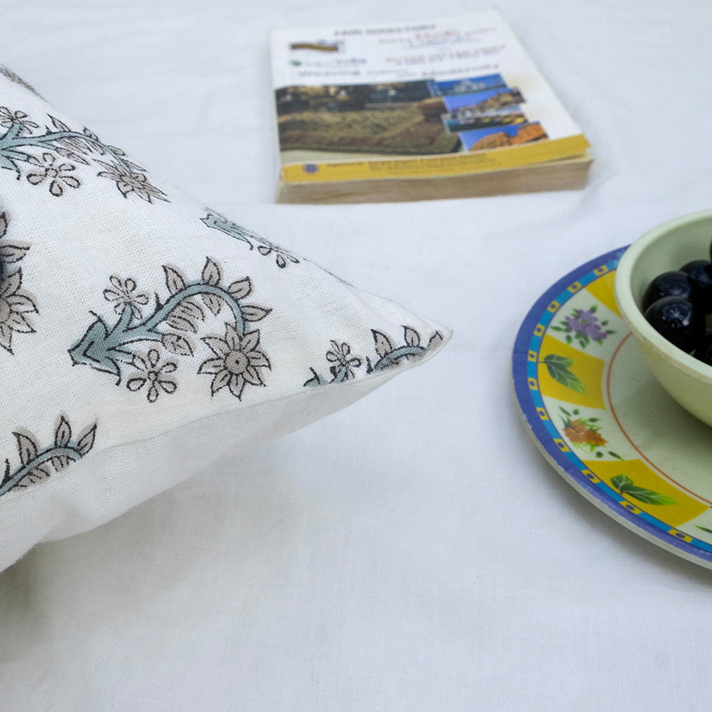 Hand Block Print White Floral Booti Cushion Cover – Handmade Cotton Decorative Pillow Cover