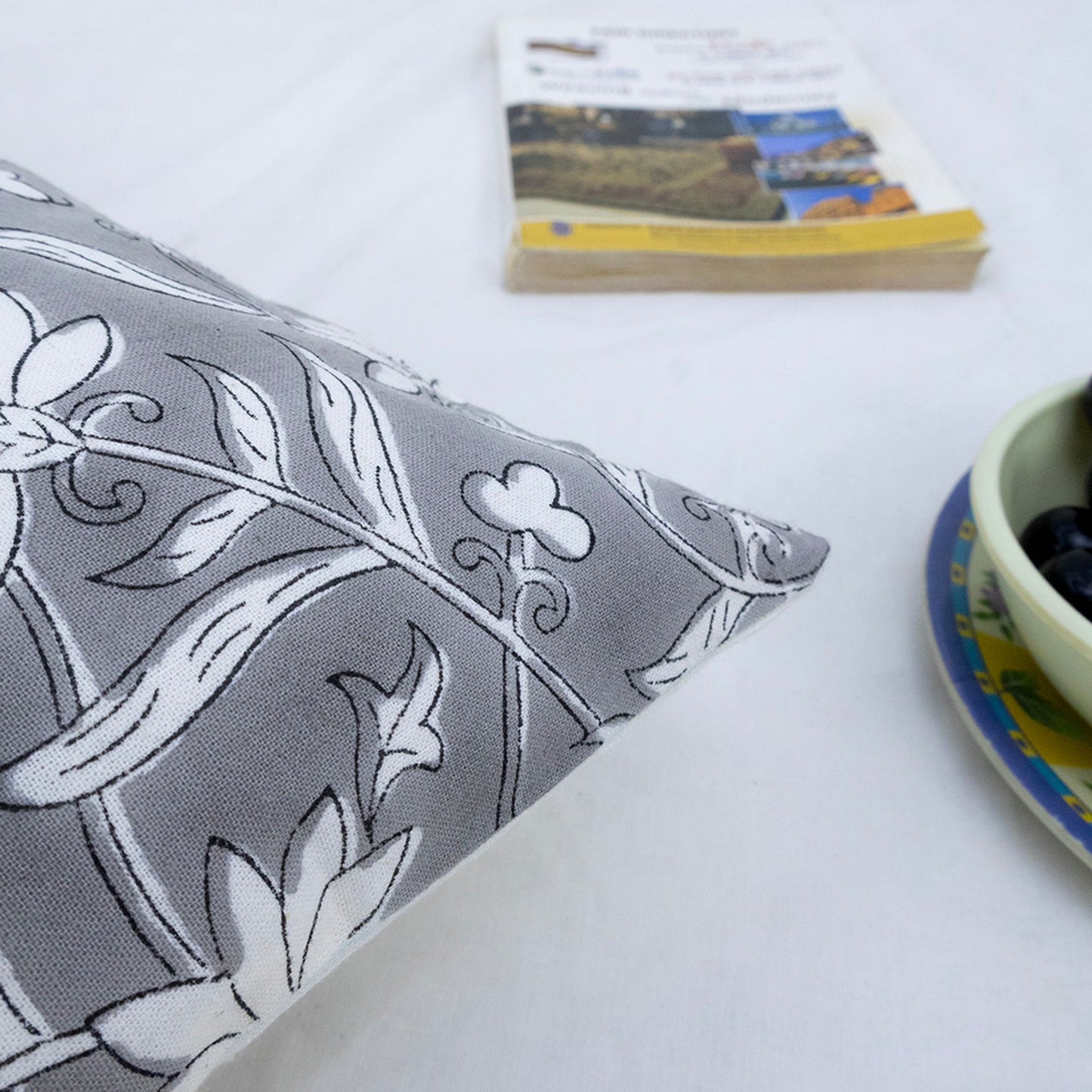 Grey Floral Cushion Cover – Cotton Decorative Pillow Cover