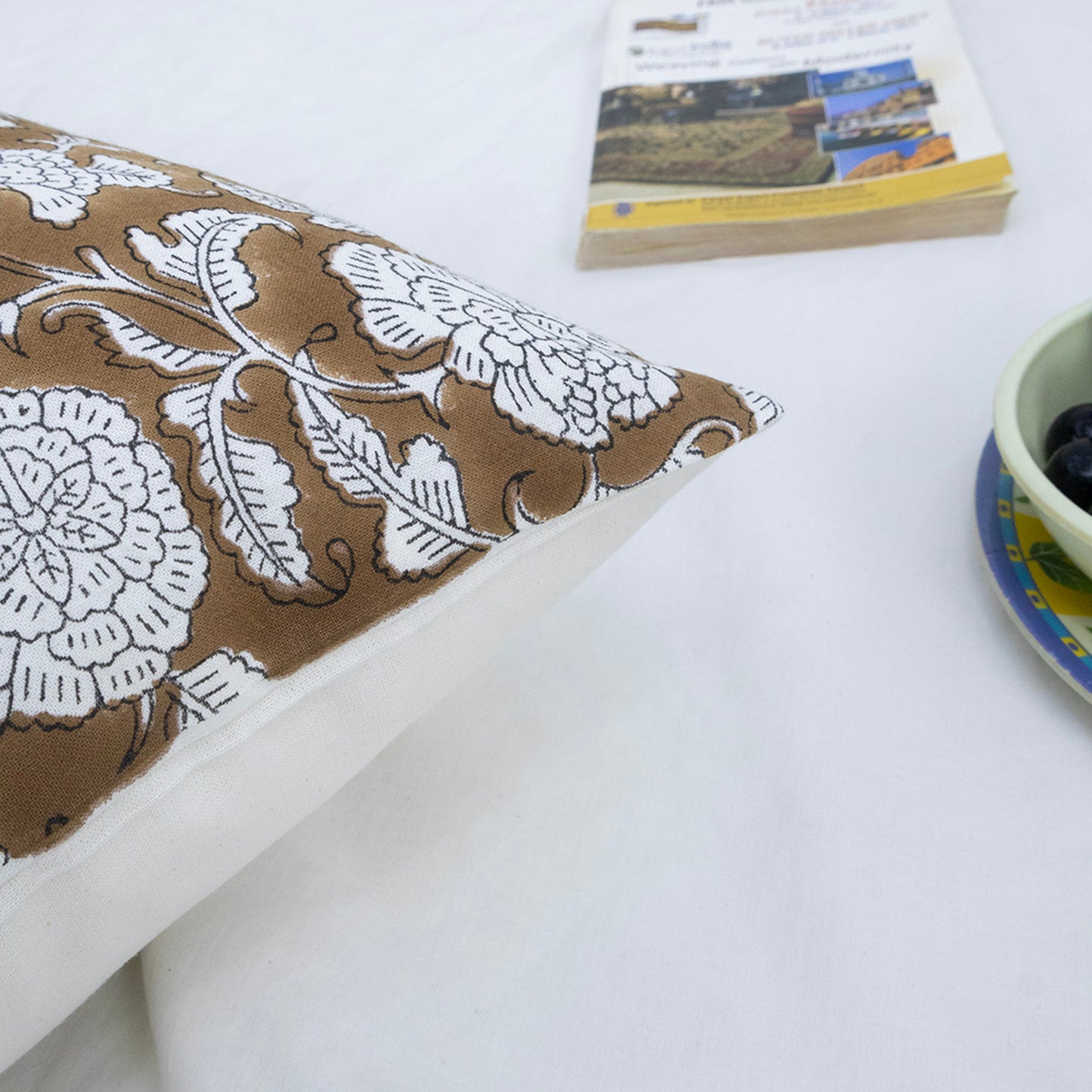 Handblock Brown Floral Cushion Cover | Cotton Decorative Throw Pillow