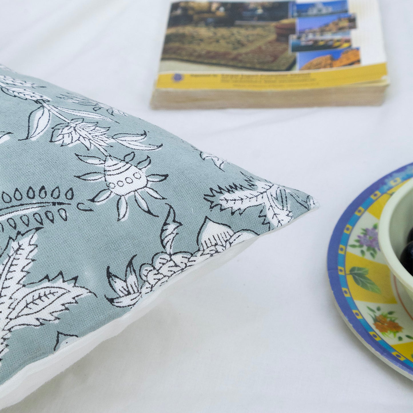 Elegant Sage Blue Floral Block Printed Cushion Cover | Cotton Sofa Pillow