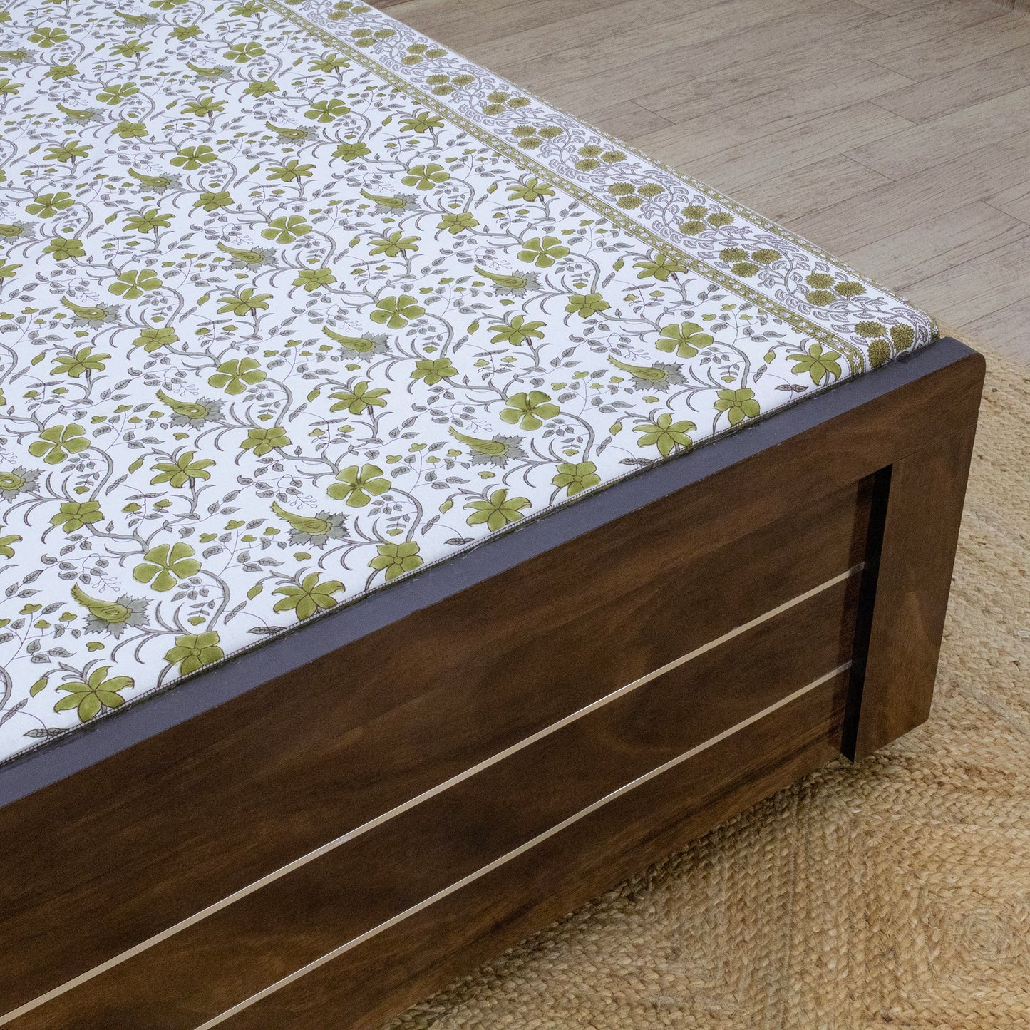 Cotton Bedsheet – Hand Block Floral Print – White and Green – King, Queen, Twin Sizes - My Store