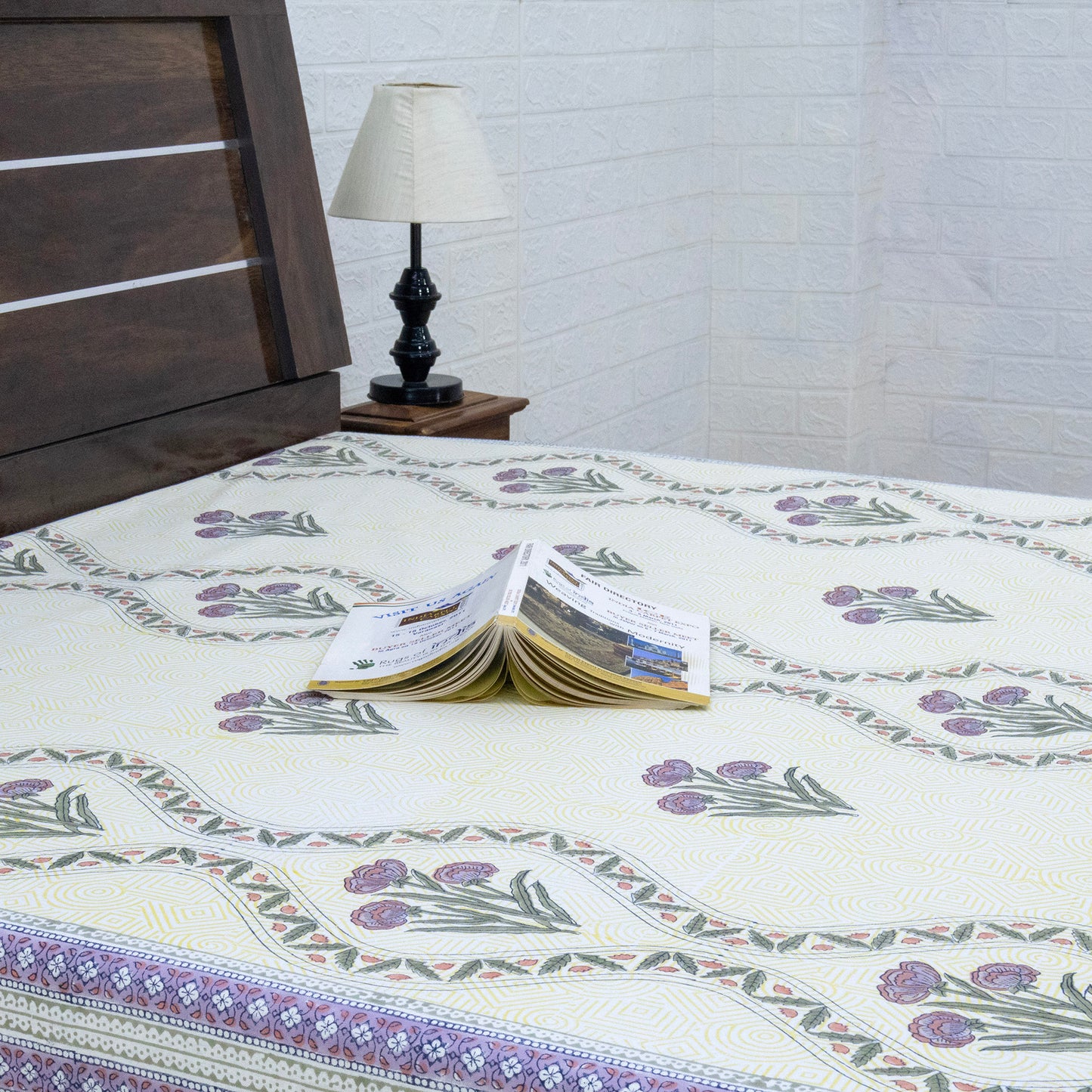 Indian Handmade Block Printed Yellow and Purple Floral Pattern Cotton Bed sheet For living Room, Kids Room - My Store