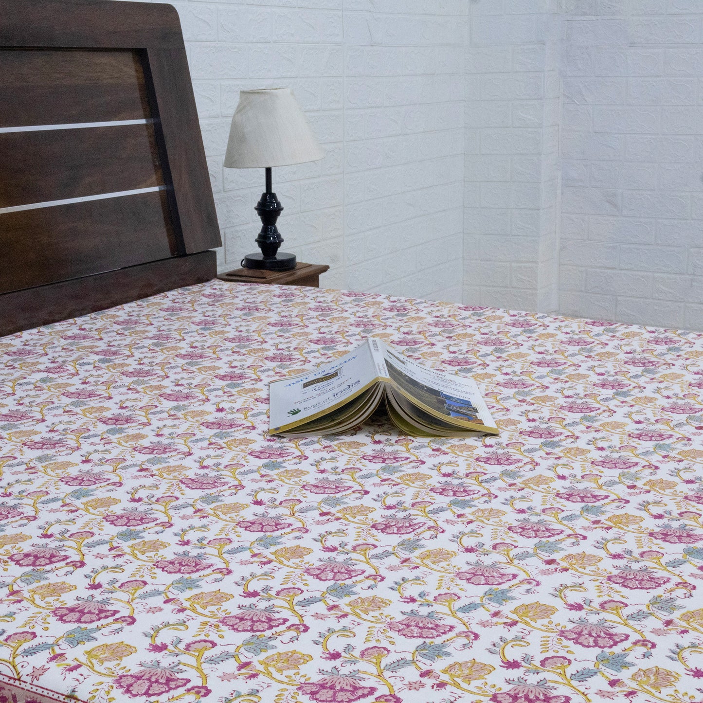 Cotton Bedsheet – Hand Block Floral Print – Pink and Yellow – King, Queen, Twin Sizes - My Store