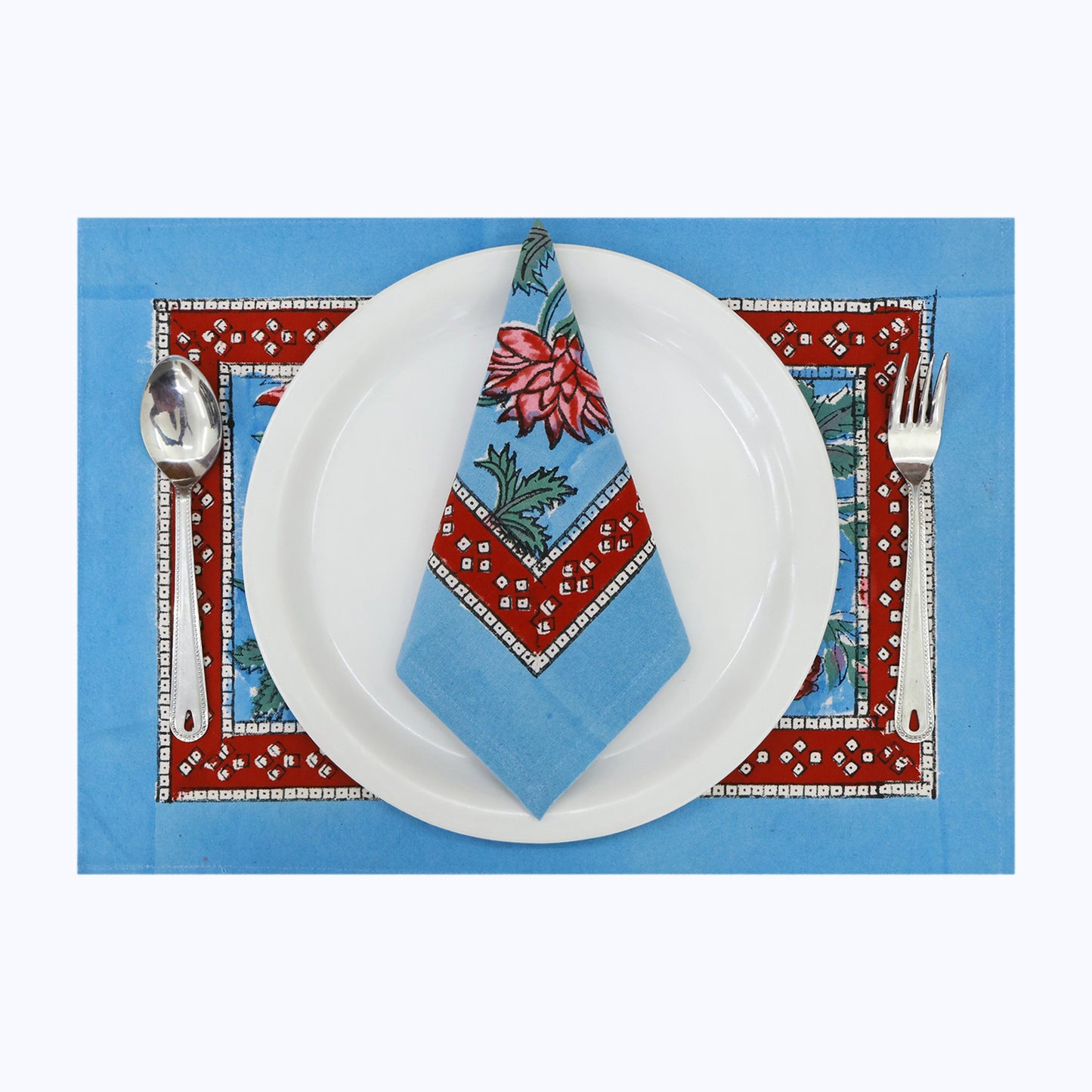 Blue and Pink Hand Block Printed Cotton Set Of 4 Napkins - My Store