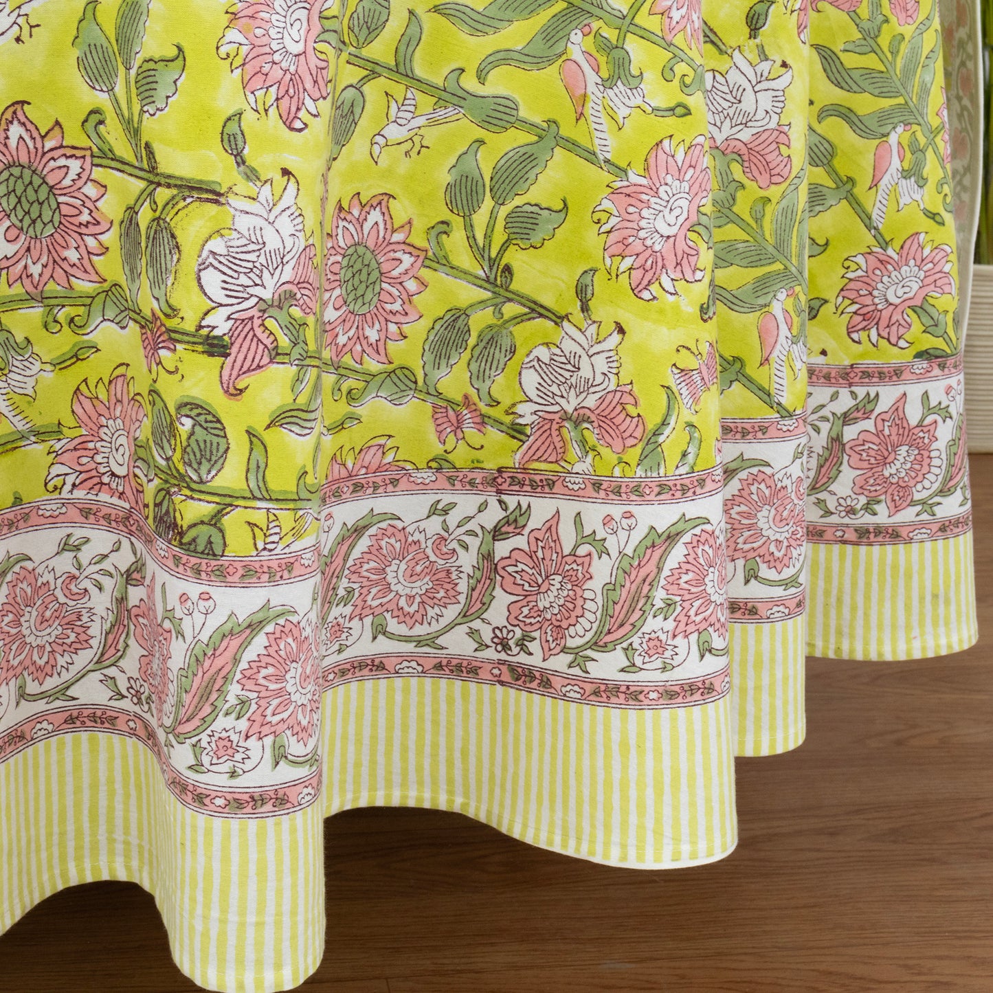 Yellow and Pink Handmade Block Printed Cotton Tablecloth - My Store