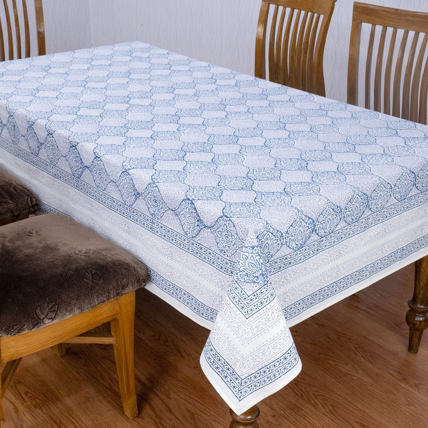 Artisan Block Print Cotton Tablecloth, Blue and Gray Indian Rectangle Dining Cover - My Store