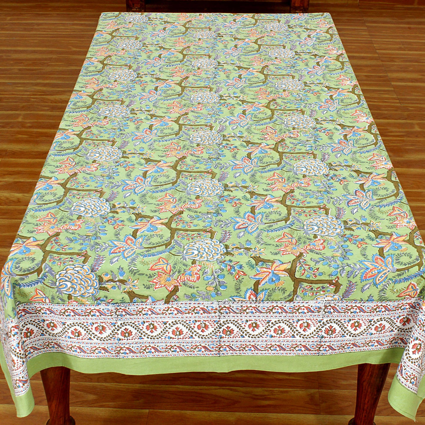 Green and Red Block Printed Cotton Rectangle Dinning Tablecloth - My Store