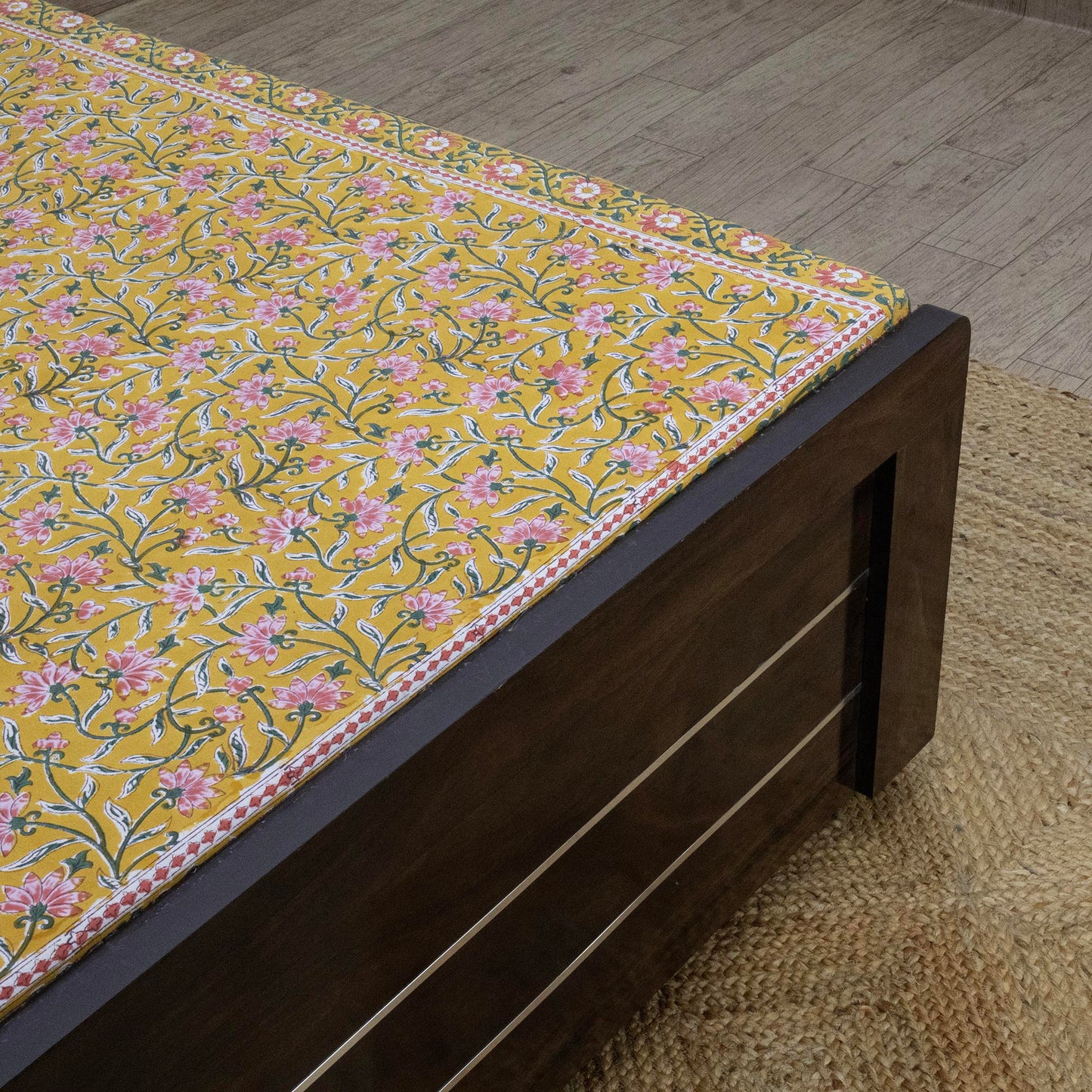 Indian Handmade Block Printed Yellow and Pink Floral Pattern Cotton Bed sheet For living Room, Kids Room - My Store