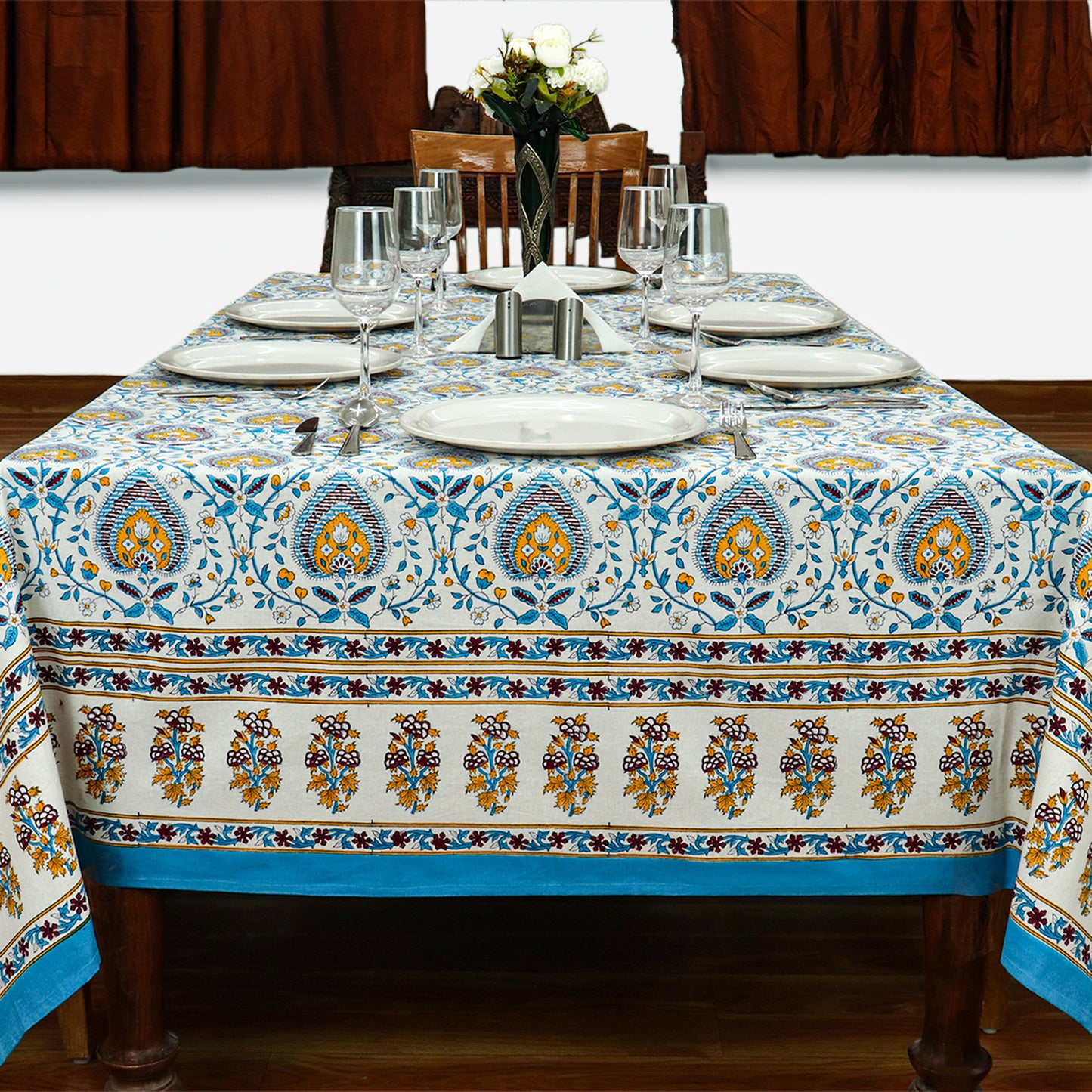 Blue & White Rectangle Tablecloths Block Printed Cotton Table Cover - My Store