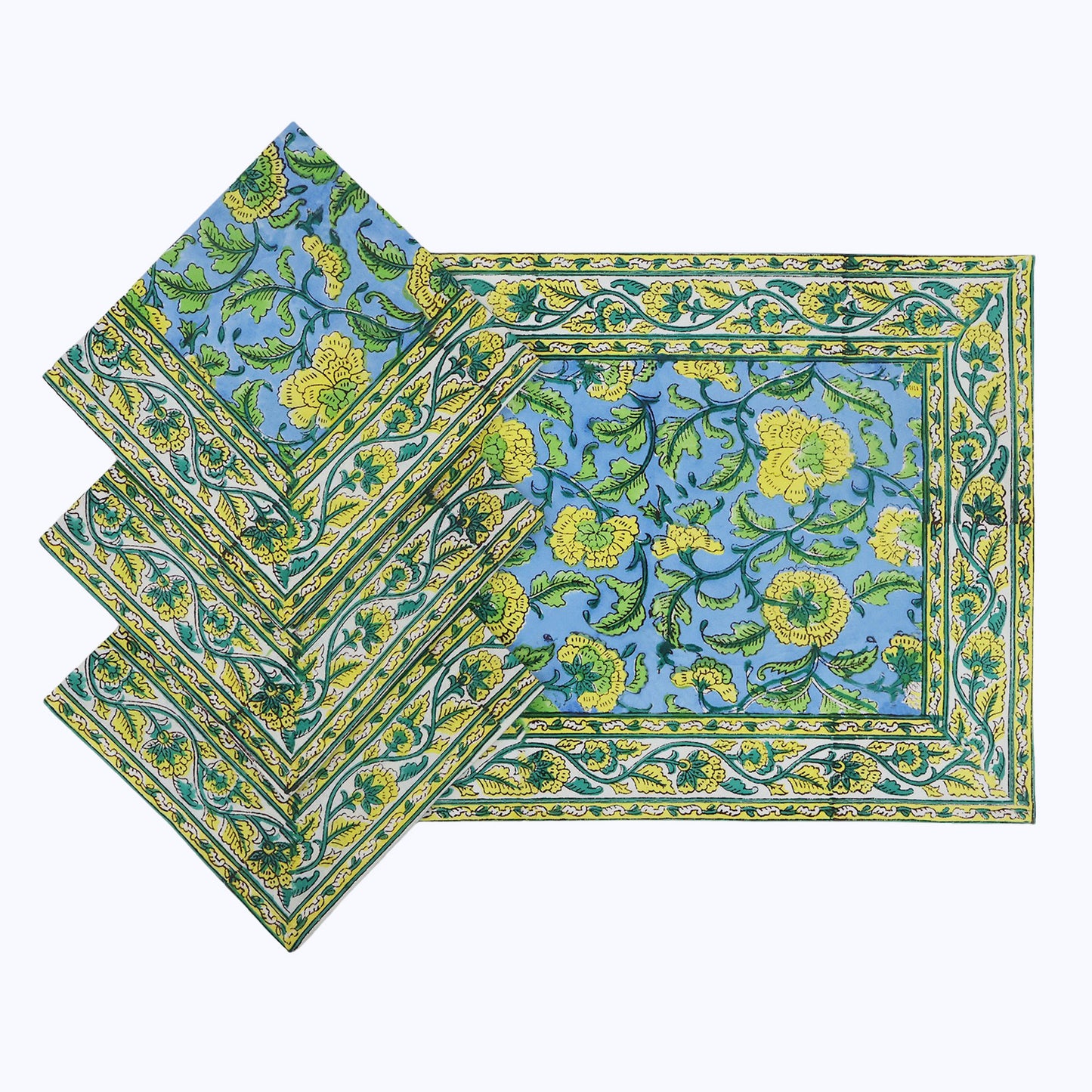 Yellow and Blue Hand Block Printed Cotton Napkins Set Of 4 - My Store