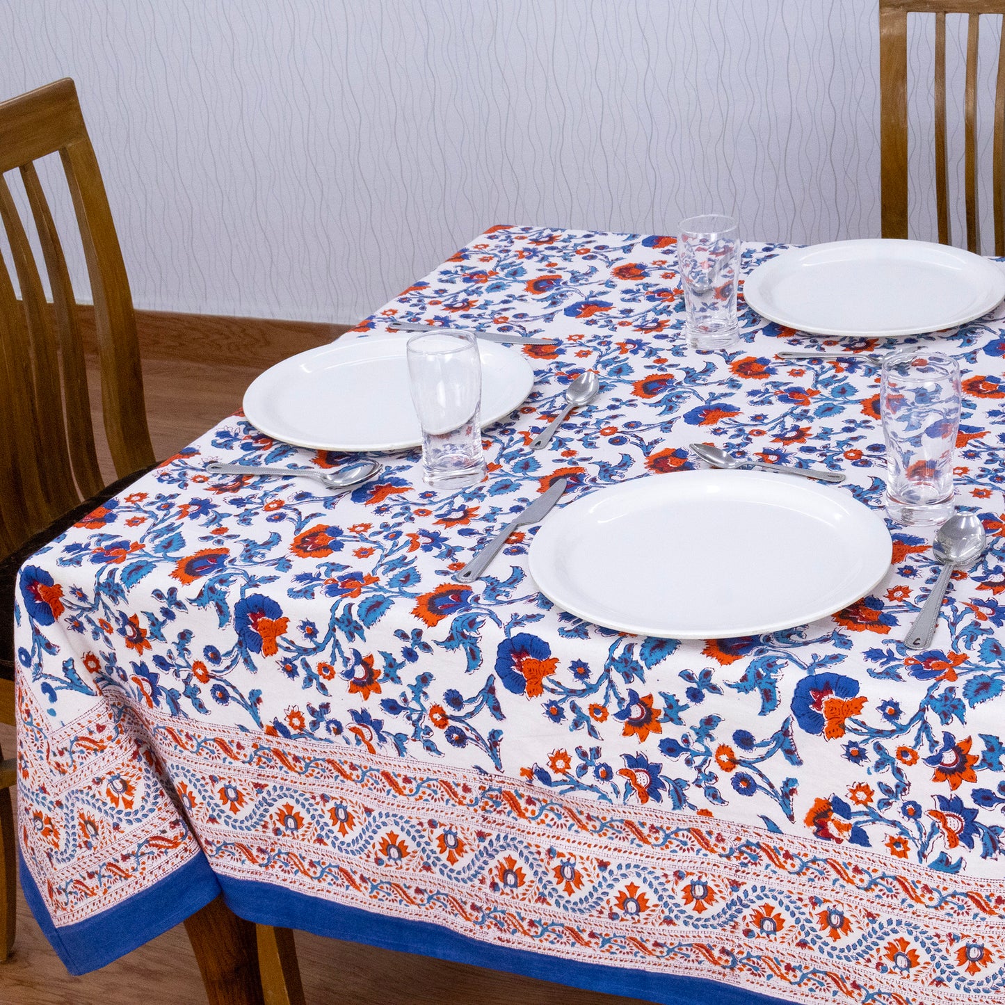 Artisan Block Print Cotton Tablecloth, Blue and Red Indian Rectangle Dining Cover - My Store
