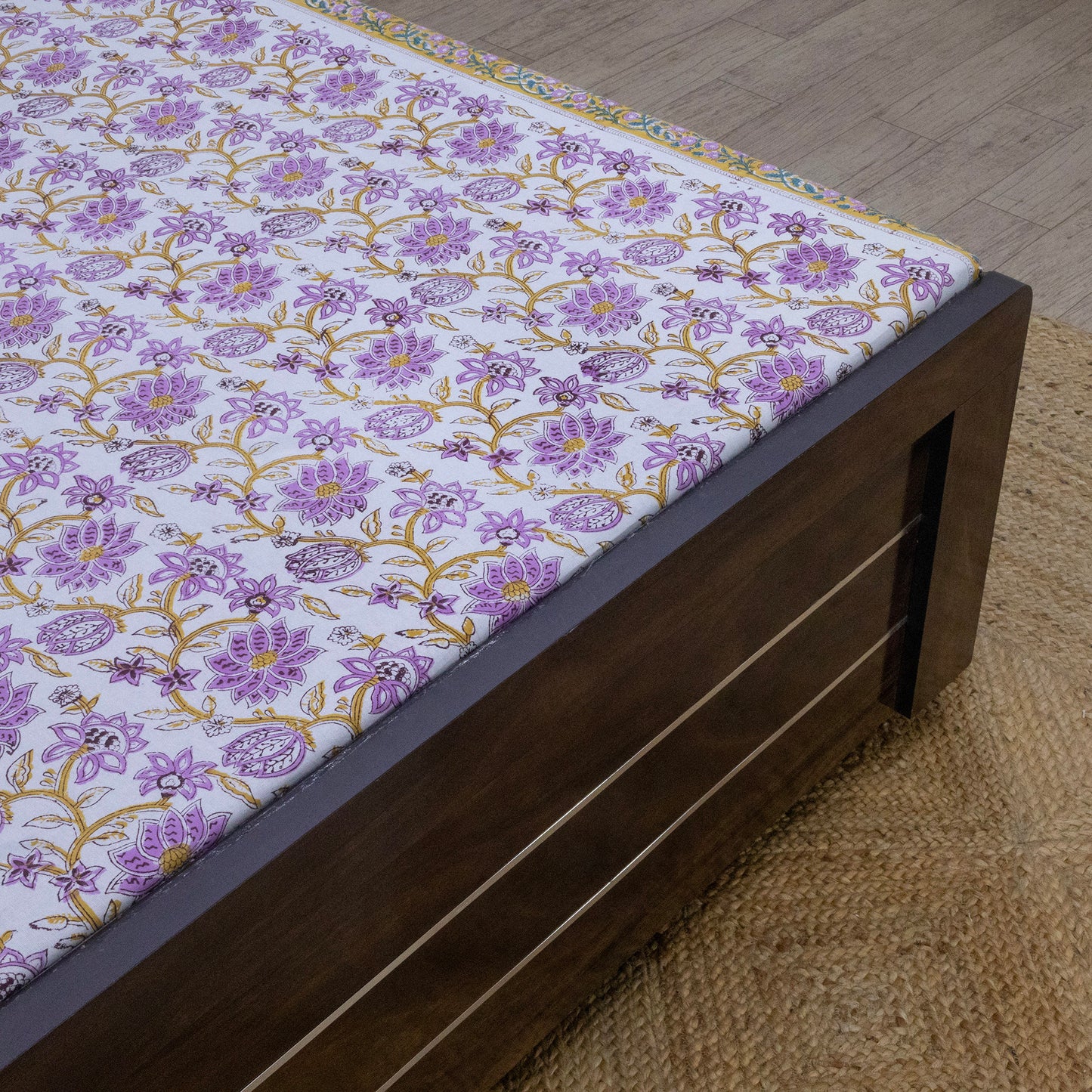 Cotton Bedsheet – Hand Block Floral Print – White and Purple – King, Queen, Twin Sizes - My Store