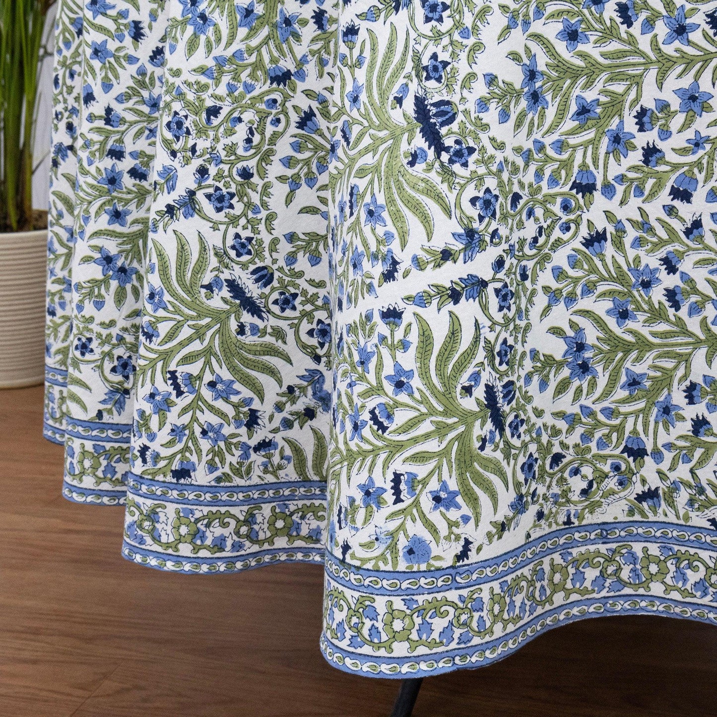 Blue and Green Floral Round Tablecloth - Indian Block Print Round Table Cover - My Store