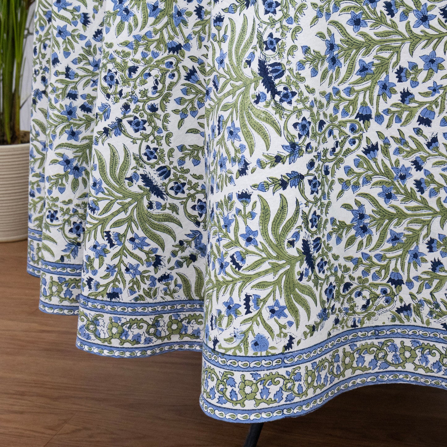 Blue and Green Floral Round Tablecloth - Indian Block Print Round Table Cover - My Store