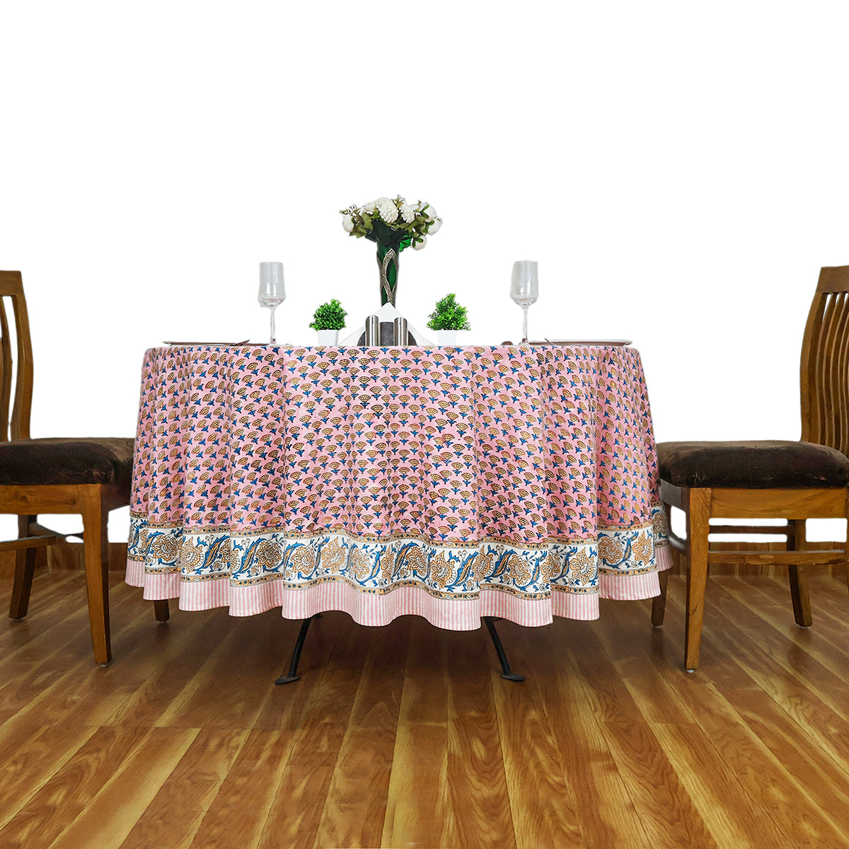 Pink and Blue Handmade Block Printed Cotton Tablecloth - My Store