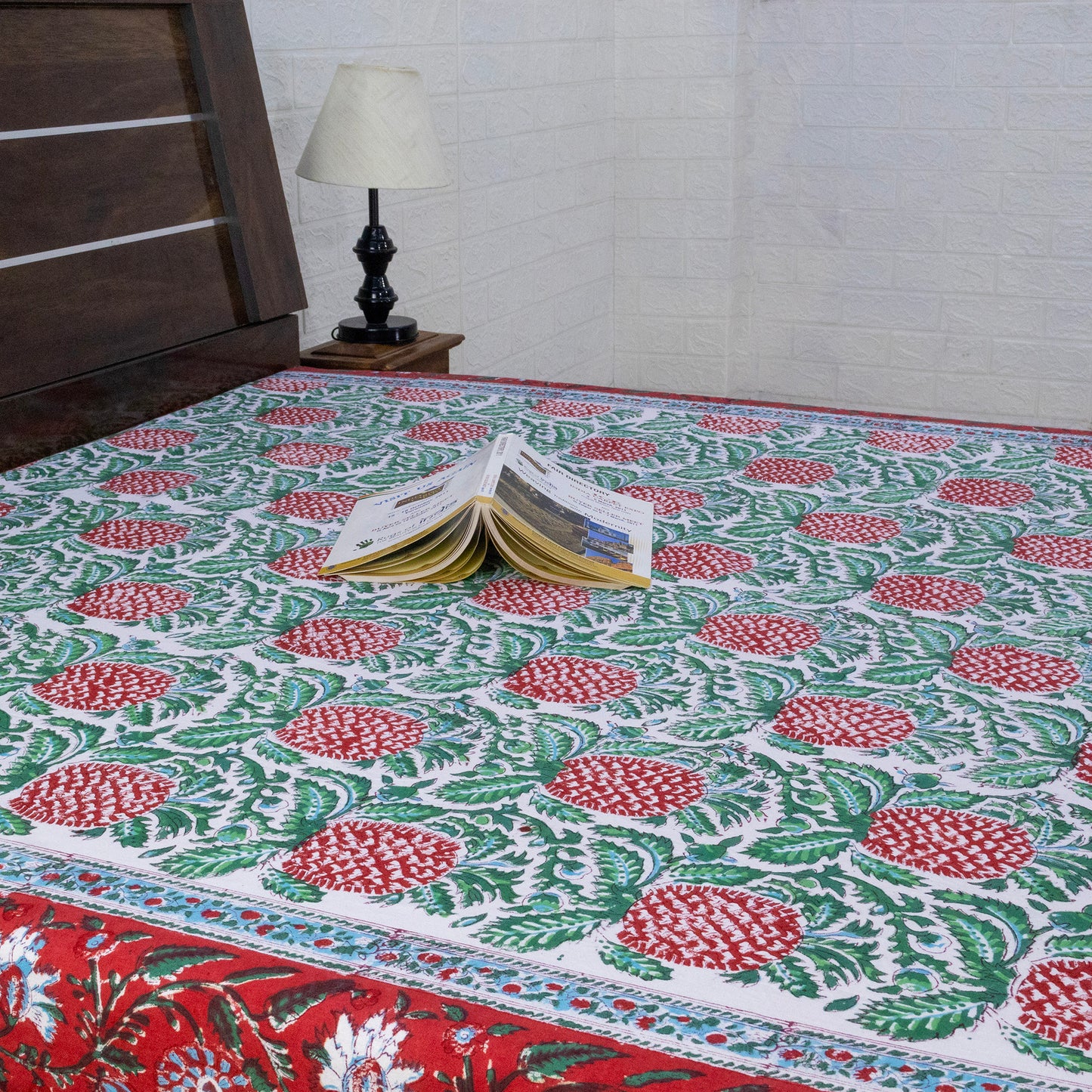 Indian Handmade Block Printed Green and Red Floral Pattern Cotton Bed sheet For living Room, Kids Room - My Store