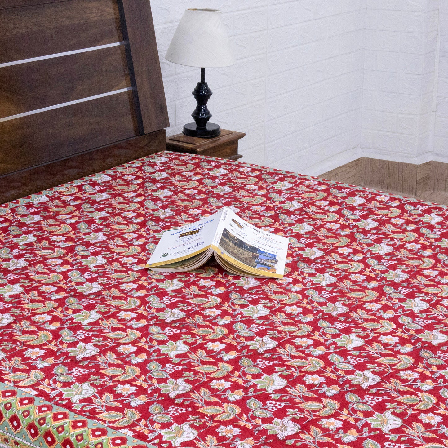 Indian Handmade Block Printed Red and Green Floral Pattern Cotton Bed sheet For living Room, Kids Room - My Store