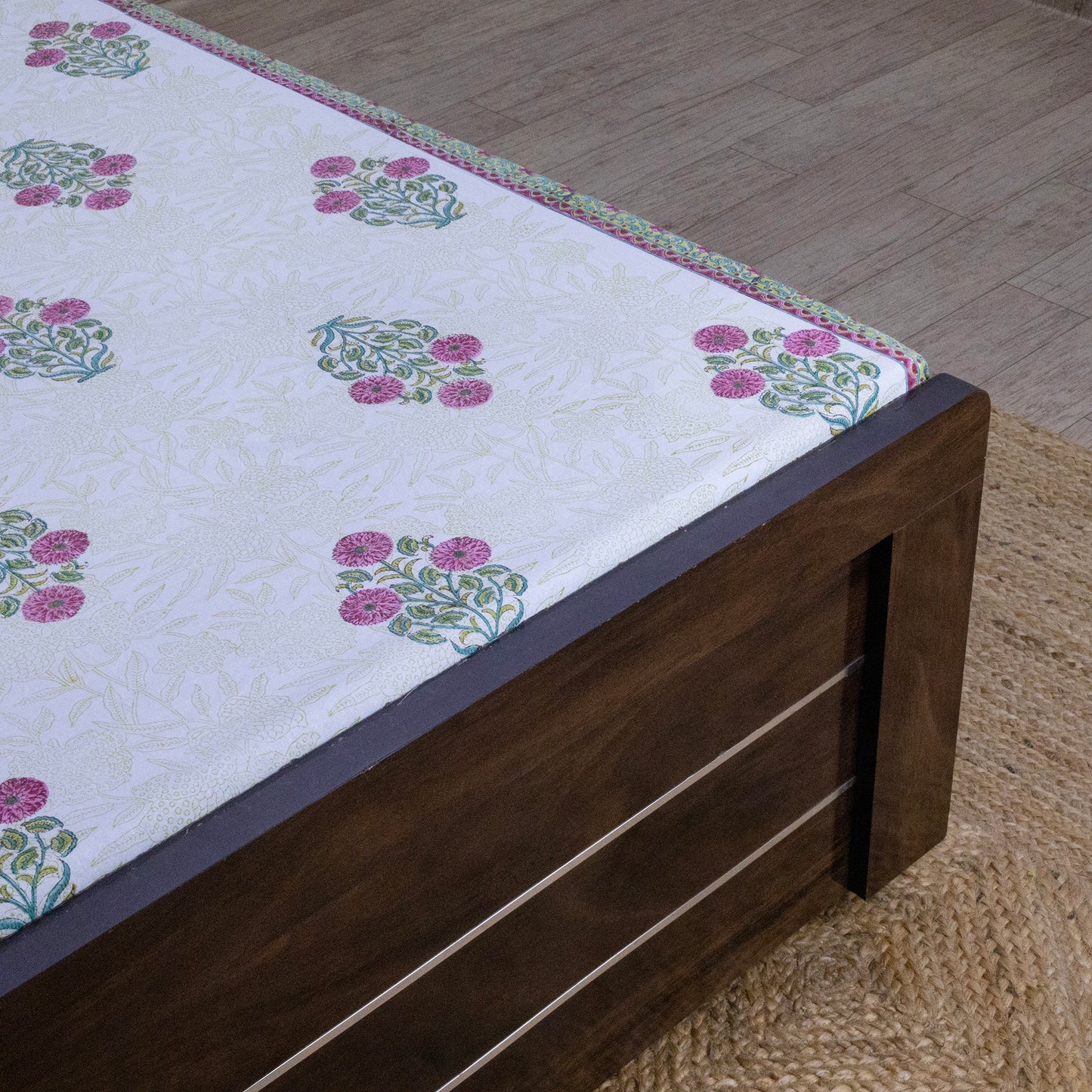 Indian Handmade Block Printed White and Pink Floral Pattern Cotton Bed sheet For living Room, Kids Room - My Store