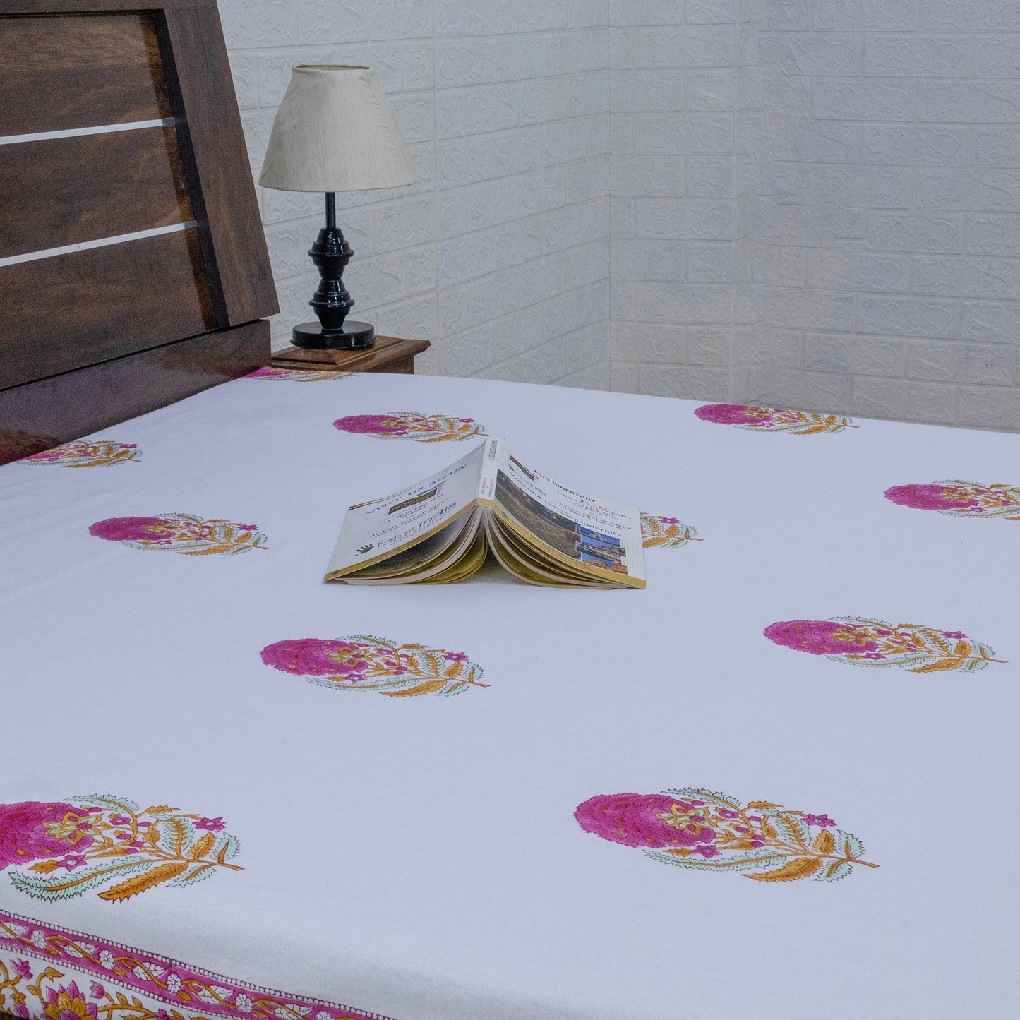 Indian Handmade Block Printed White and Pink Floral Pattern Cotton Bed sheet For living Room, Kids Room - My Store
