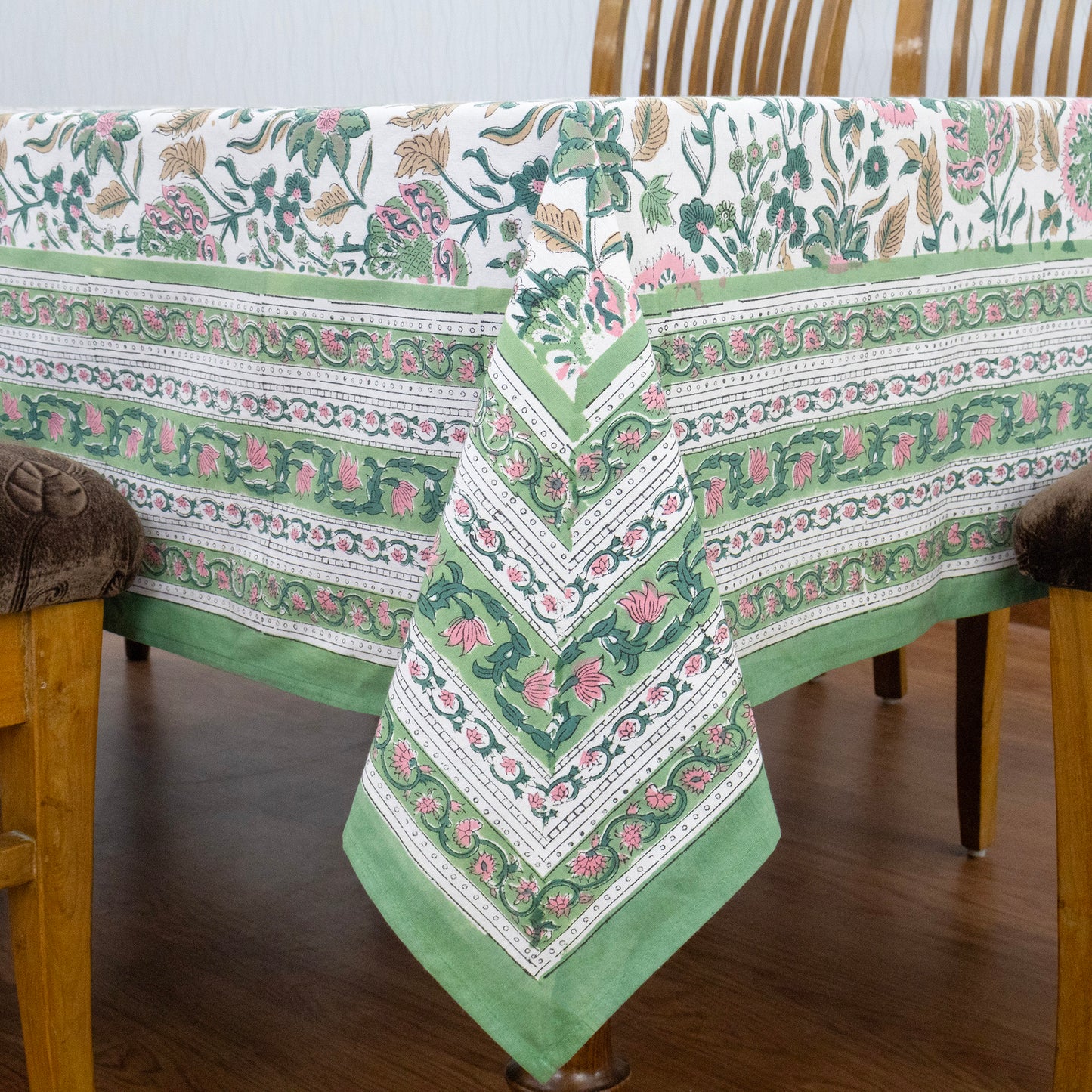 Artisan Block Print Cotton Tablecloth,Green and Pink Indian Rectangle Dining Cover - My Store